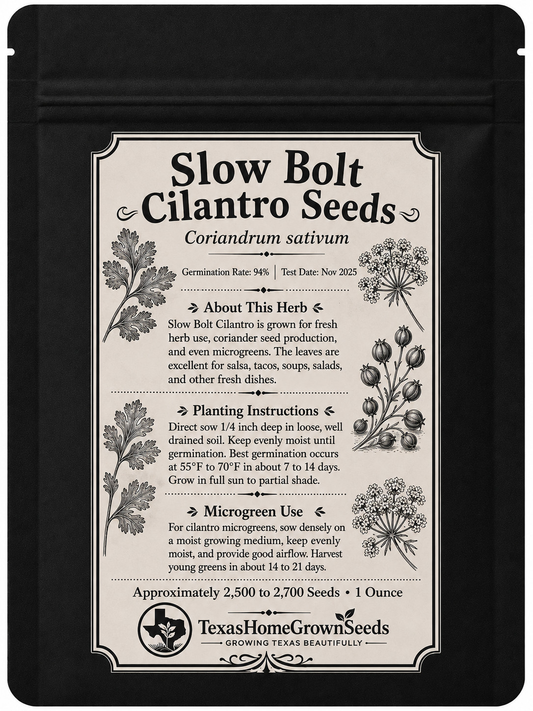 1 Ounce Approx 2500 Slow Bolt Cilantro Seeds – Heirloom – Micro Green – 94% Germ