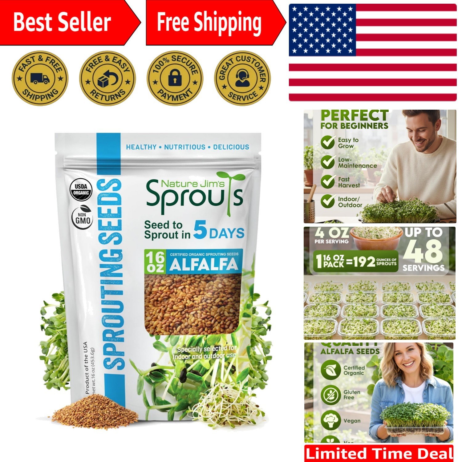 Nutrient-Rich Alfalfa Sprouting Seeds – Organic Non-GMO in 16oz Resealable Bag