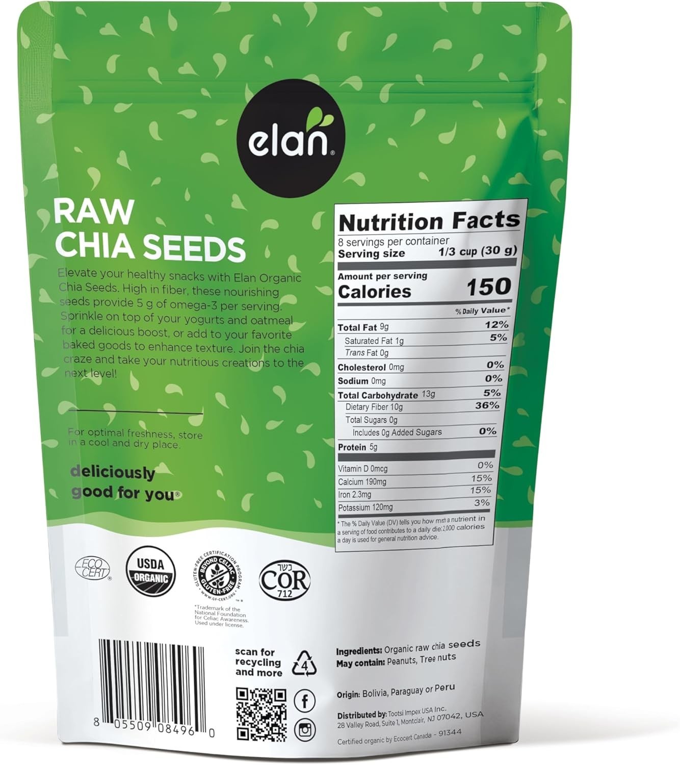 Elan Organic Chia Seeds, 8.8 Oz, Natural Raw Black Chia Seeds, Non-GMO