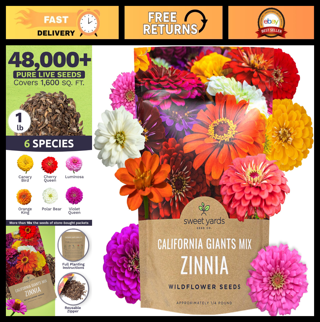 Bulk Zinnia Seeds – California Giants Mix – 1 lb Bag, 48,000+ Colorful Flower Se