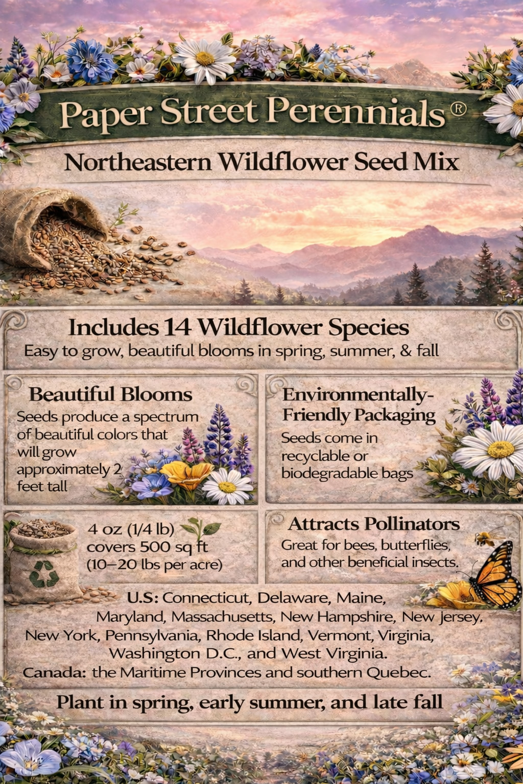 1/4 Pound Maine Bulk Wildflower Seed Mix (Northeast Varieties) 500 sq-ft