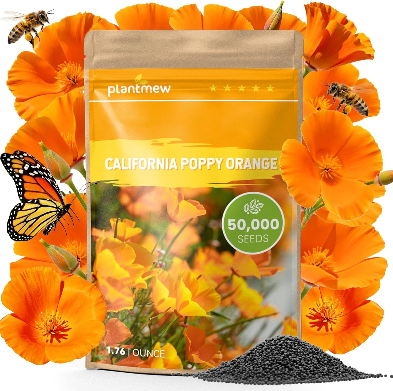 California Poppy Seeds for Planting, Orange Poppy Flower Seeds, Bulk 50,000+ See