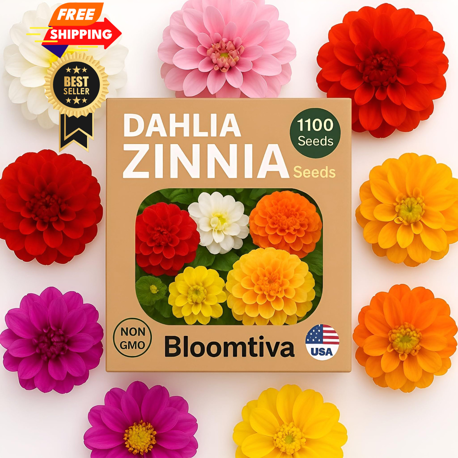 Dahlia Zinnia Seeds Bulk – Mixed, White, Pink, Red, Orange, Yellow, Purple
