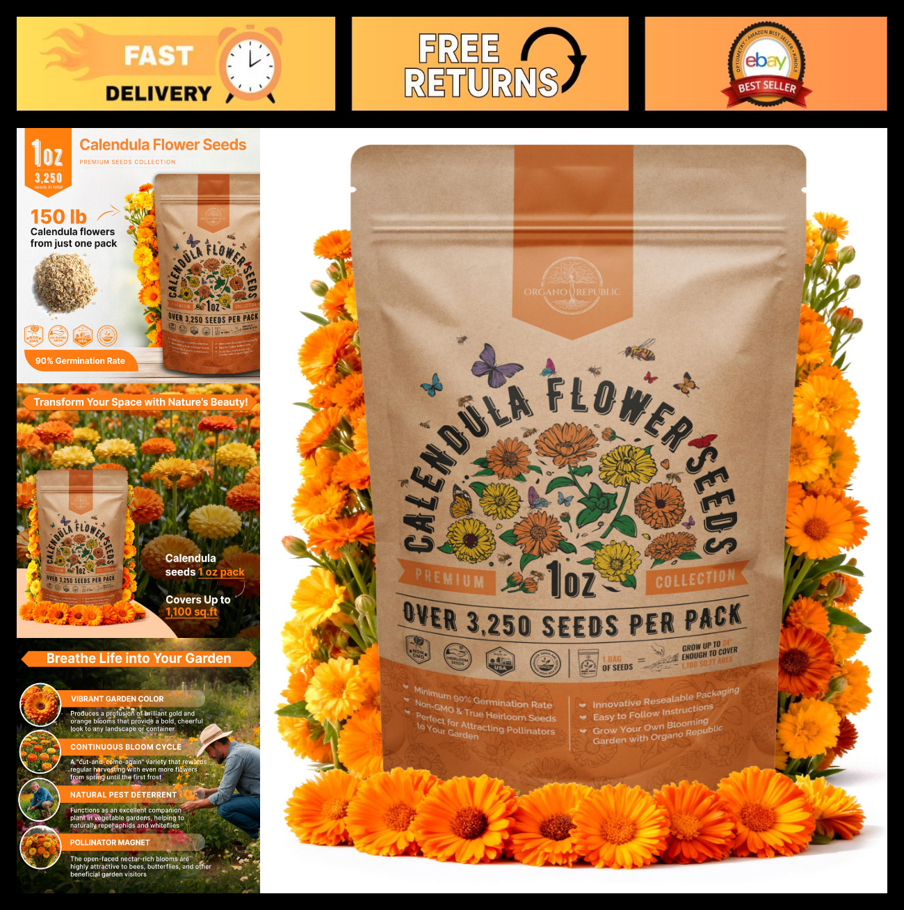 Non-GMO Heirloom Calendula Seeds – 1 oz Pack, 3,250+ Seeds for Indoor & Outdoor