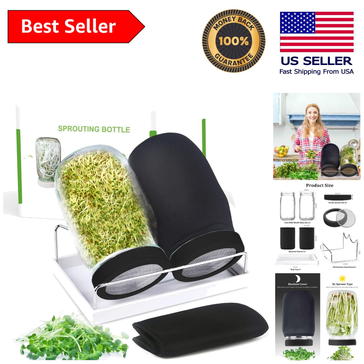 Grow Fresh Microgreens at Home – 32 oz Sprouting Jars with Drain Tray Included