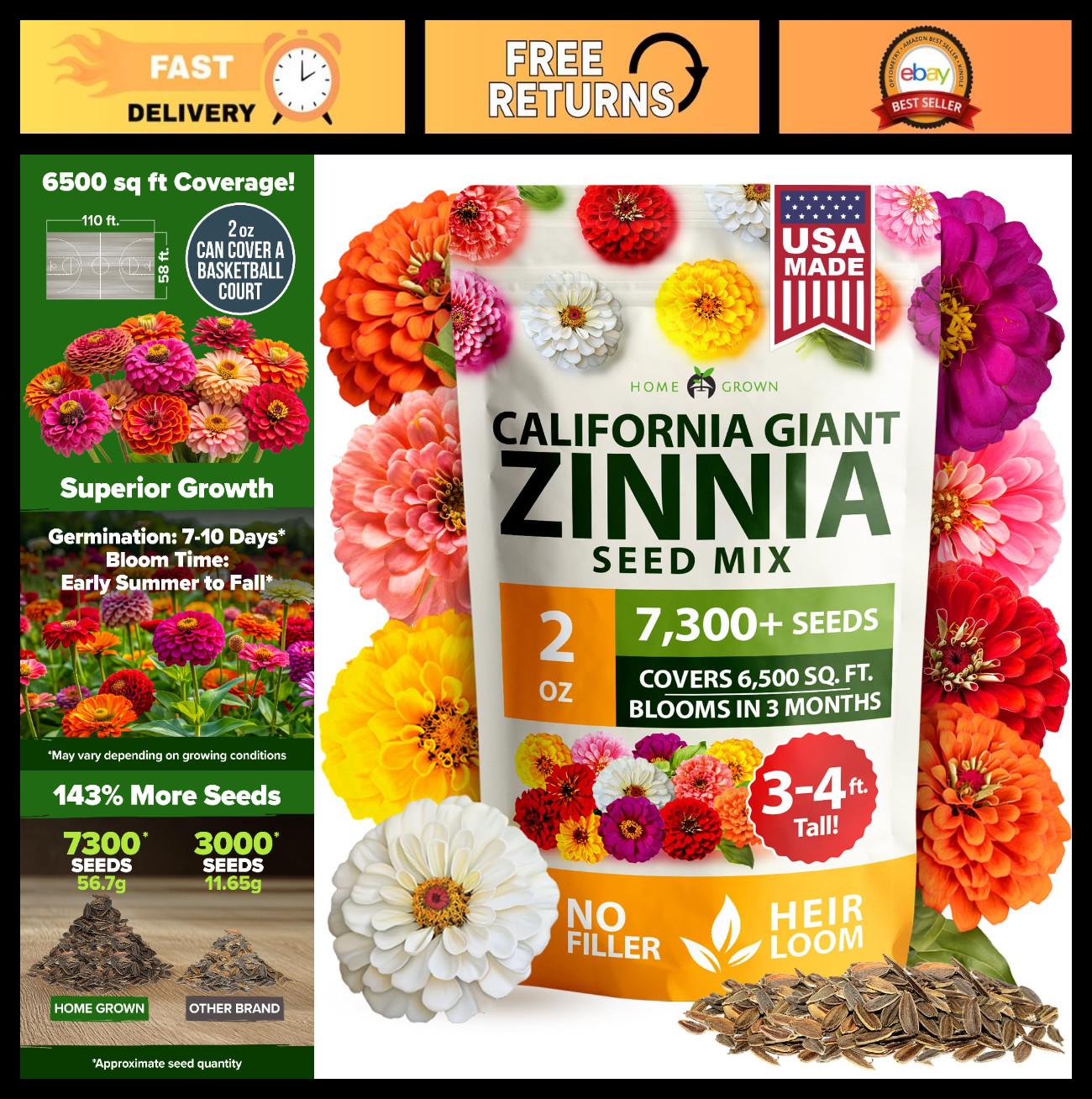 Zinnia Seeds California Giant Mix – 7,300+ Bulk Flower Seeds for Pollinator Gard
