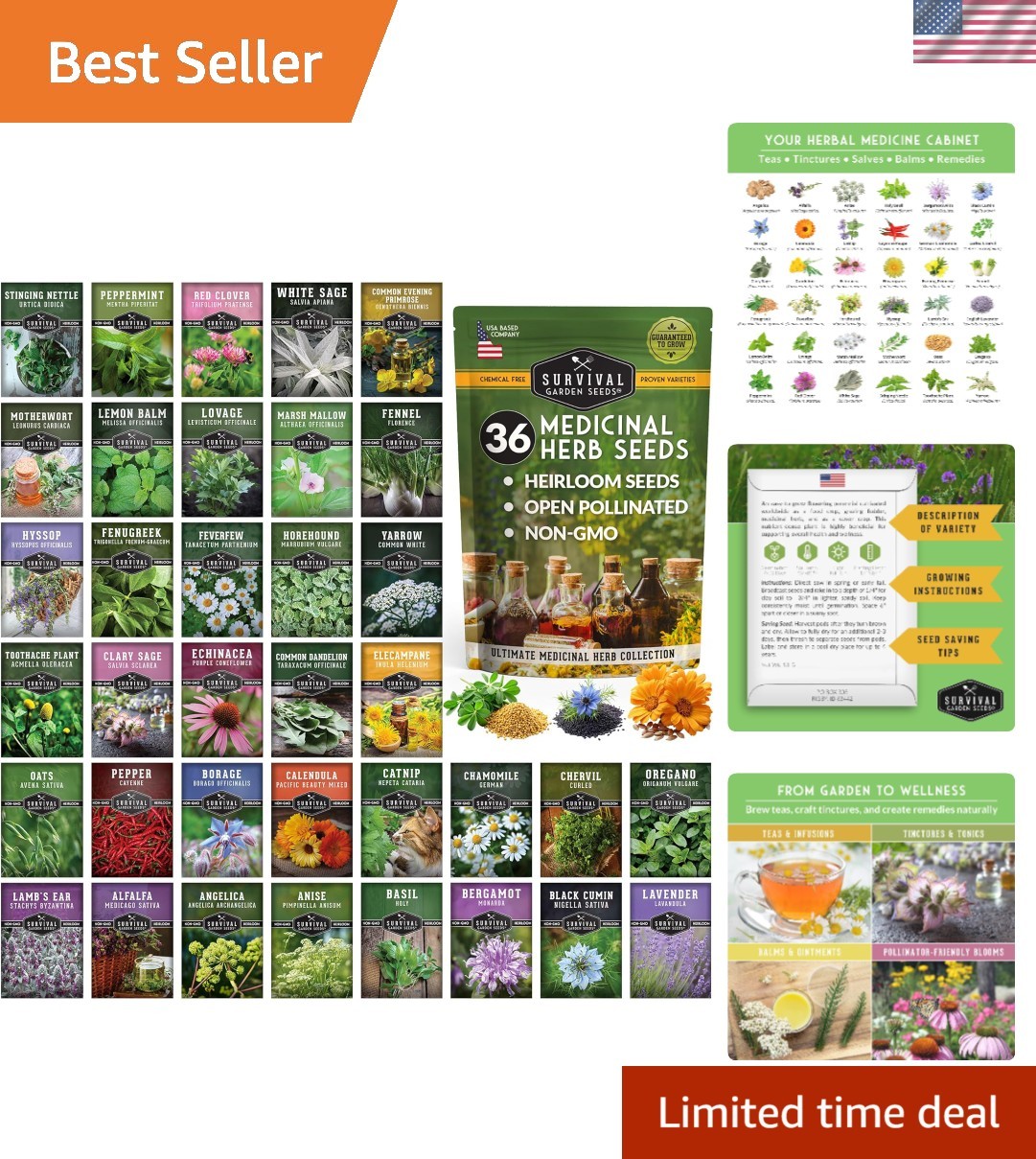 36 Heirloom Medicinal Herb Seeds Variety – Grow Lavender, Echinacea, Peppermint