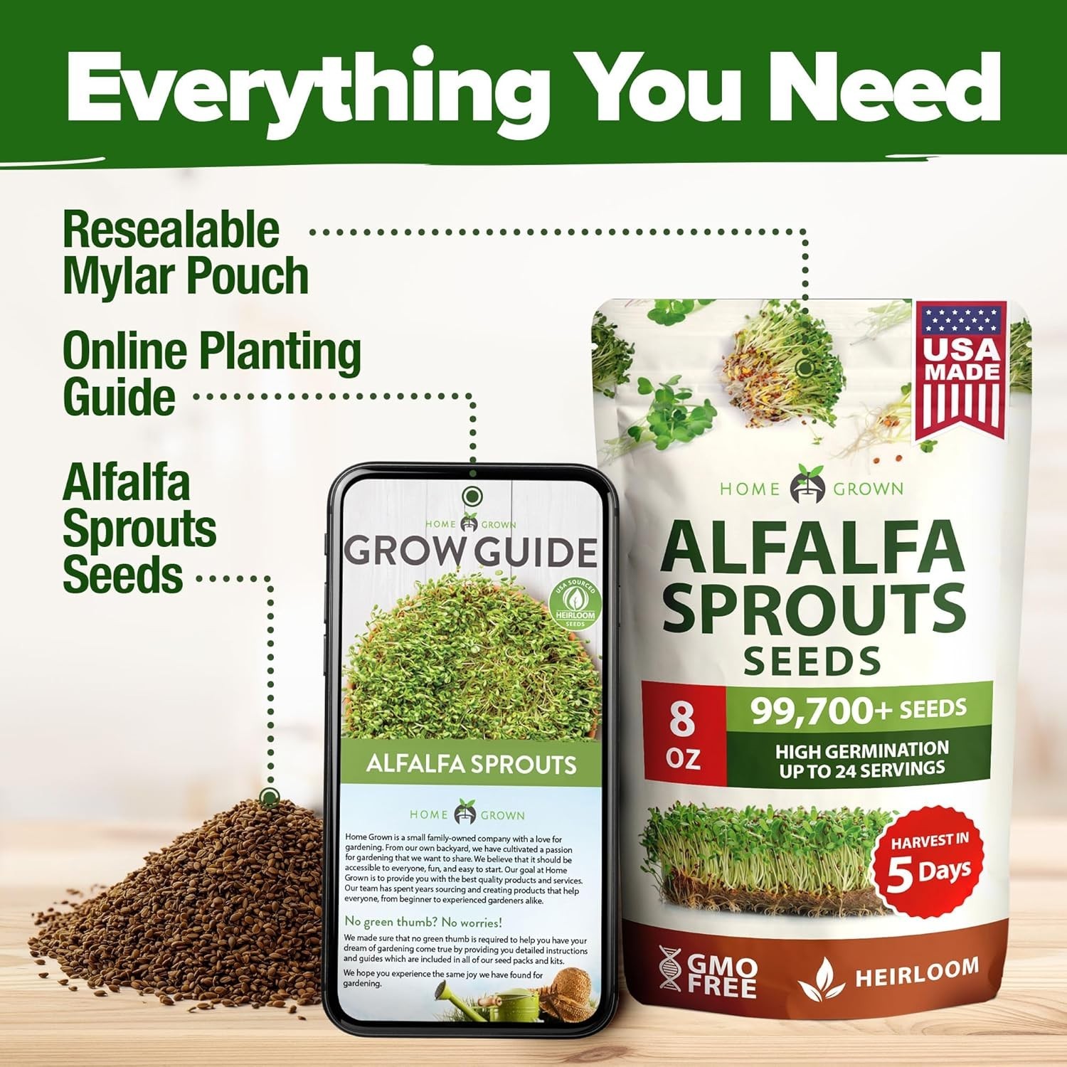 Healthy 8 oz Alfalfa Sprout Seeds, Low Maintenance for -Round Indoor Gardens