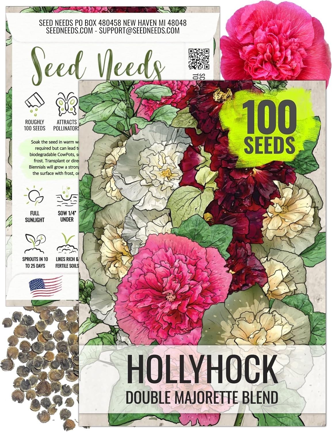 Majorette Hollyhock Seeds – 100 Fertile Heirloom Seeds that Attract Pollinators