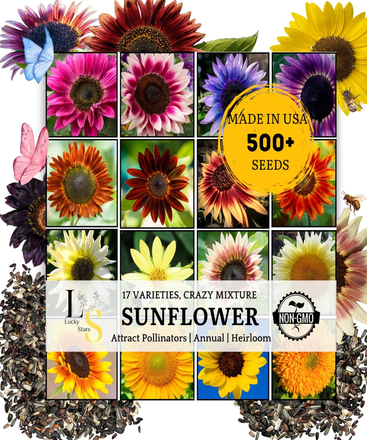 500+ Mixed Sunflower Seeds for Planting (17+ Varieties, Crazy Mixture), Indoor &