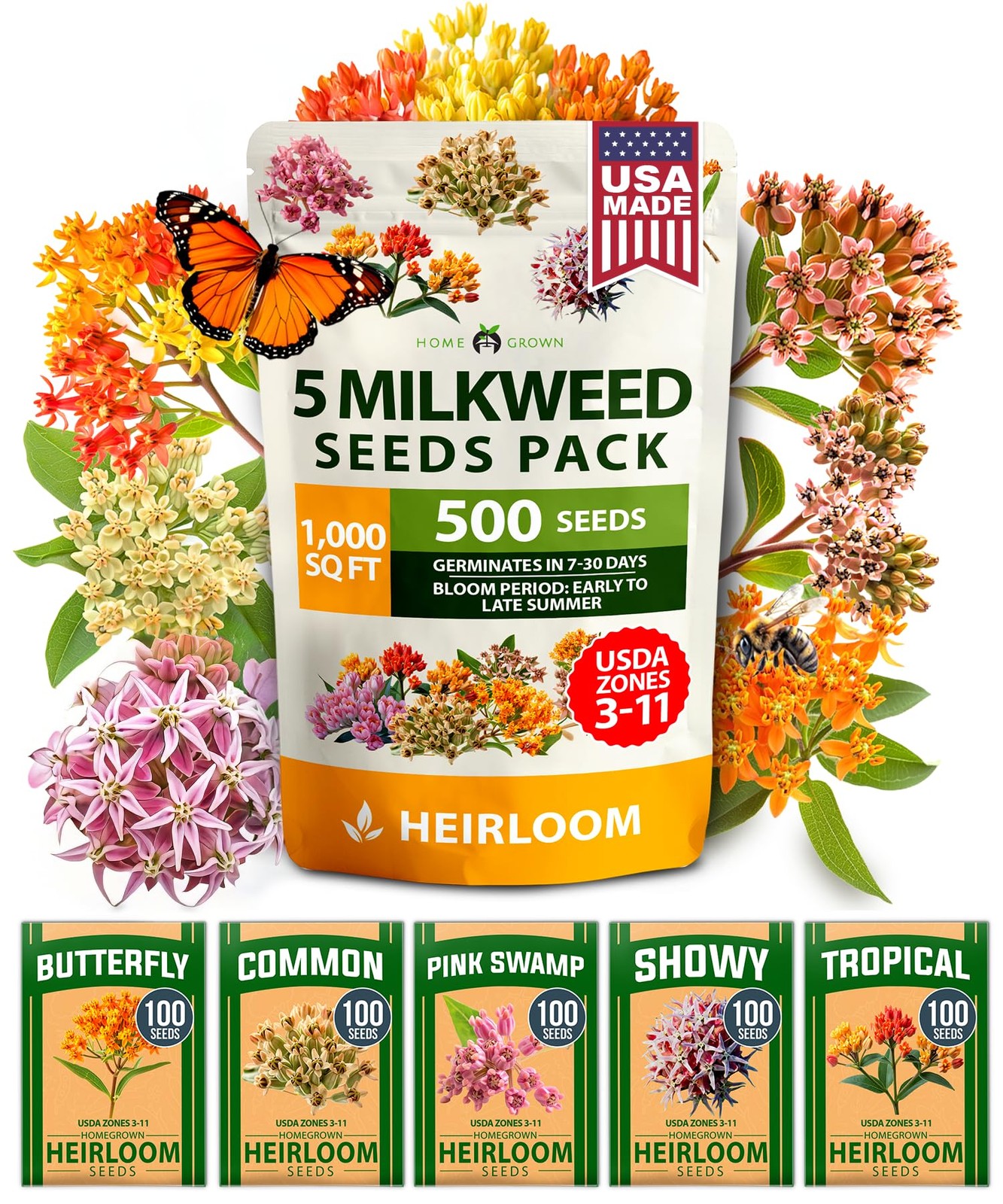 Milkweed Flower Seeds – 500+ Heirloom Perennial Wildflower Seeds (5 Individua…