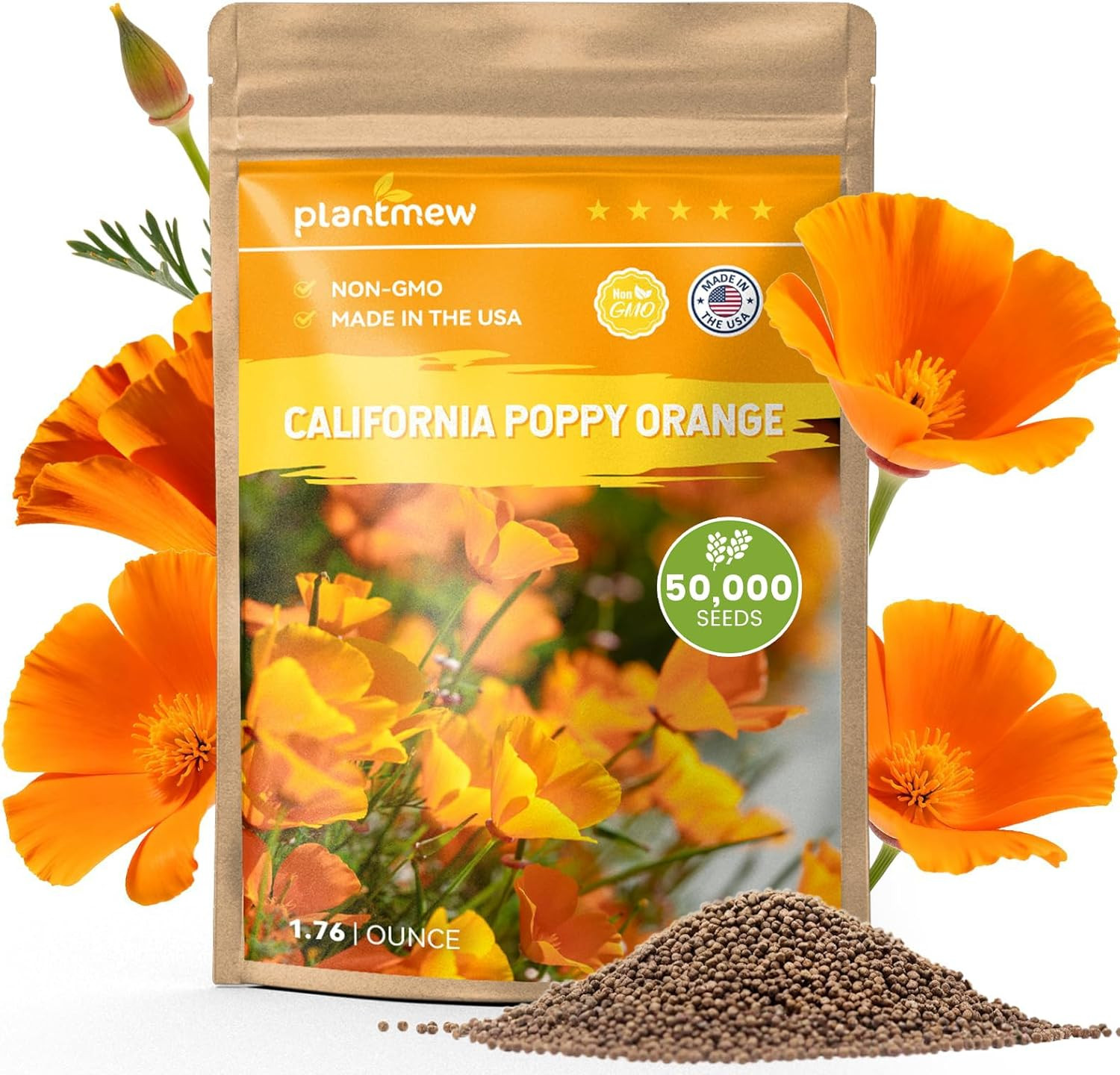 Orange California Poppy Seeds for Planting – Bulk 1.76 Ounce Packet – Over 50,00