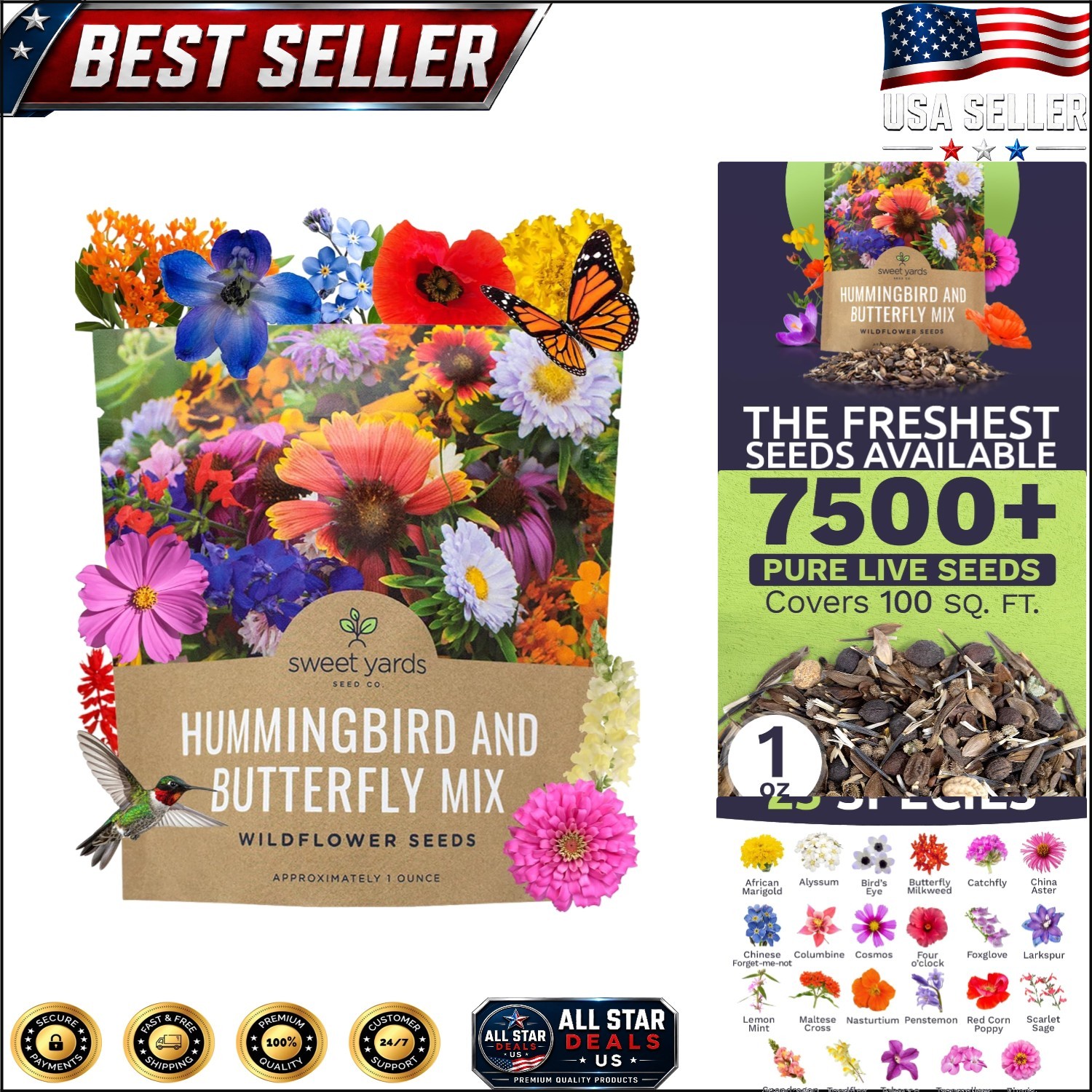 Heirloom Wildflower Seeds – 7500+ Butterfly & Hummingbird Mix, Reusable Packet