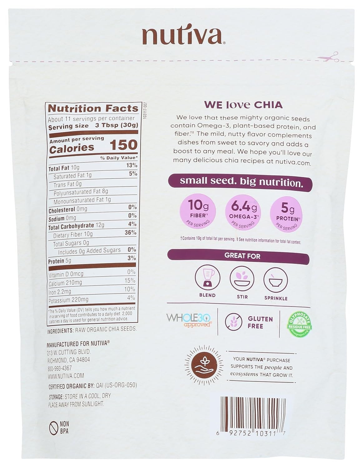 Nutiva Organic Black Chia Seeds – 12 Ounce Superfood for Energy Boost