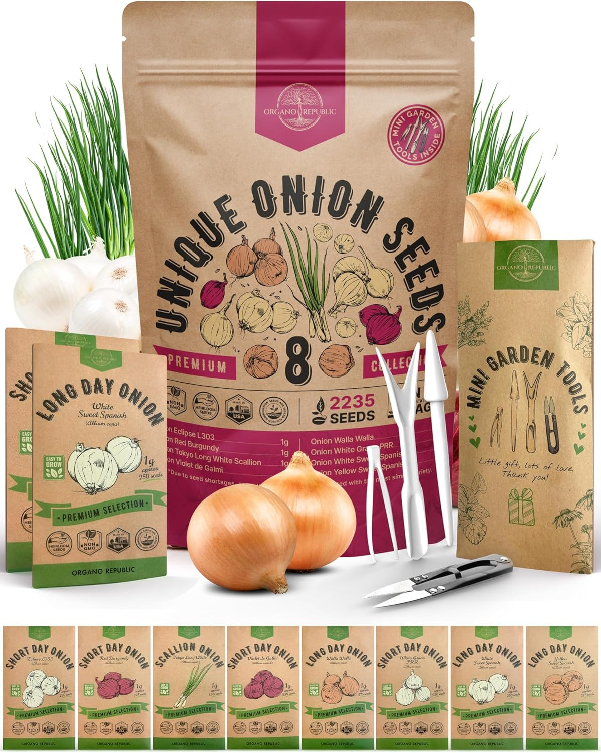 8 Onion Seeds Variety Pack Heirloom, Non-Gmo, Sets for Indoors, Outdoors Gardeni