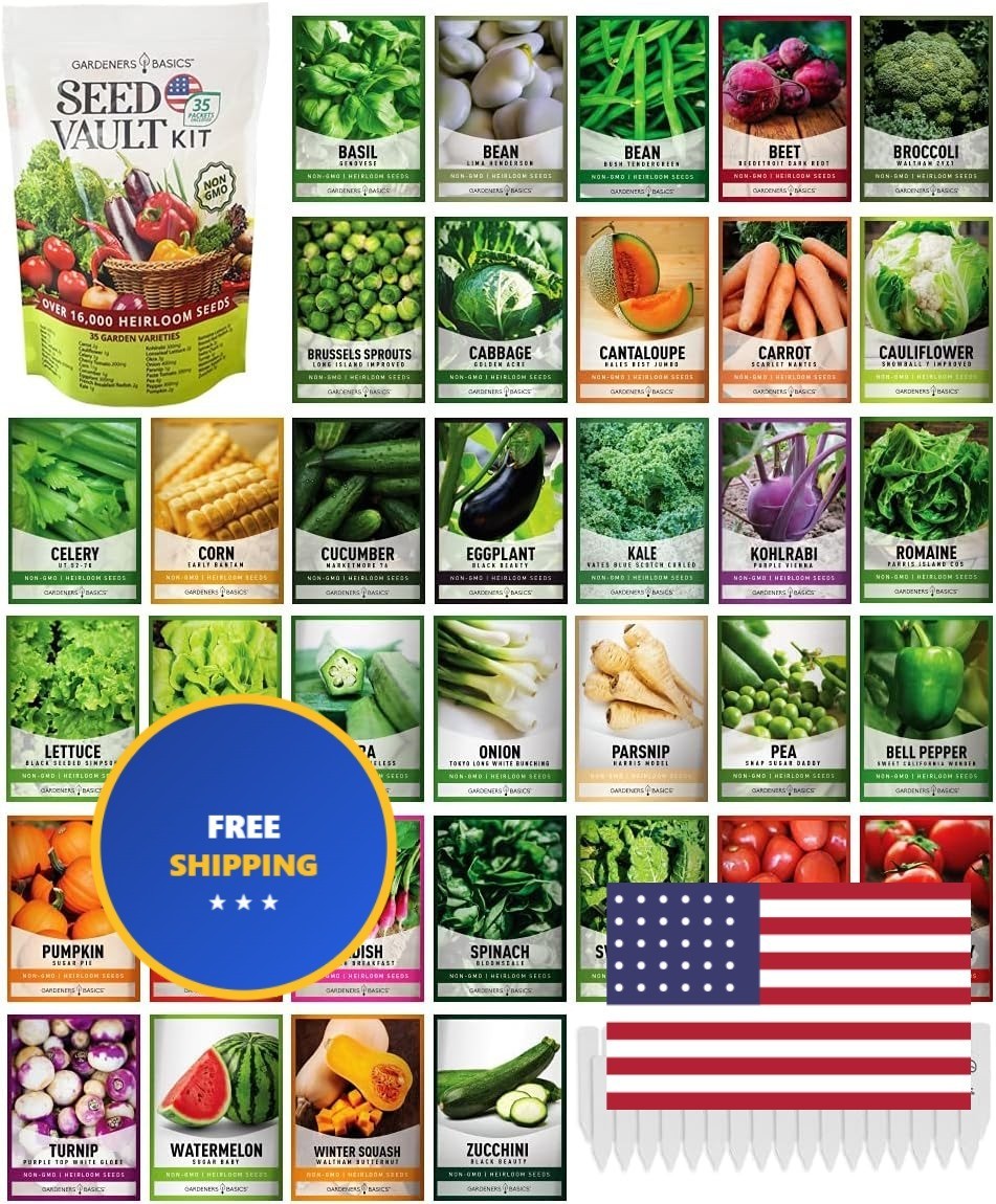 Gardeners Basics Survival Vegetable Seeds Garden Kit Over 16,000 Seeds Non-GMO