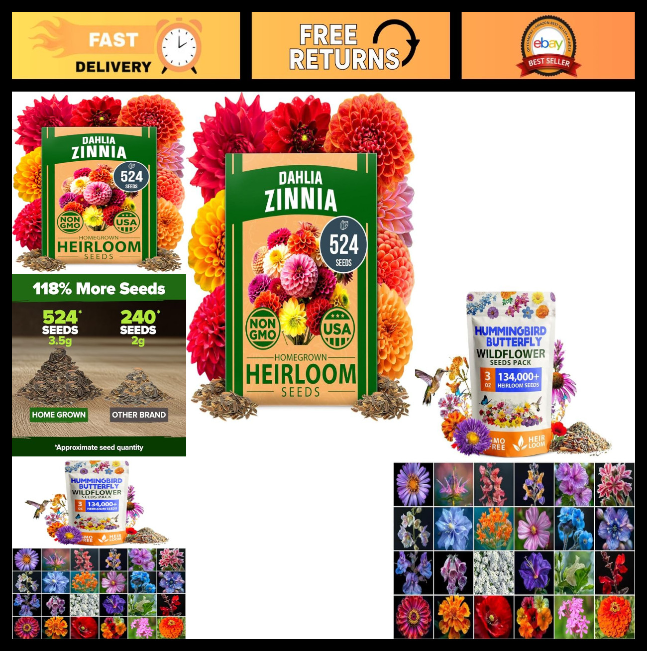 134,000+ Non-GMO Flower Seed Bundle – 23 Varieties of Zinnia, Dahlia & Wildflowe
