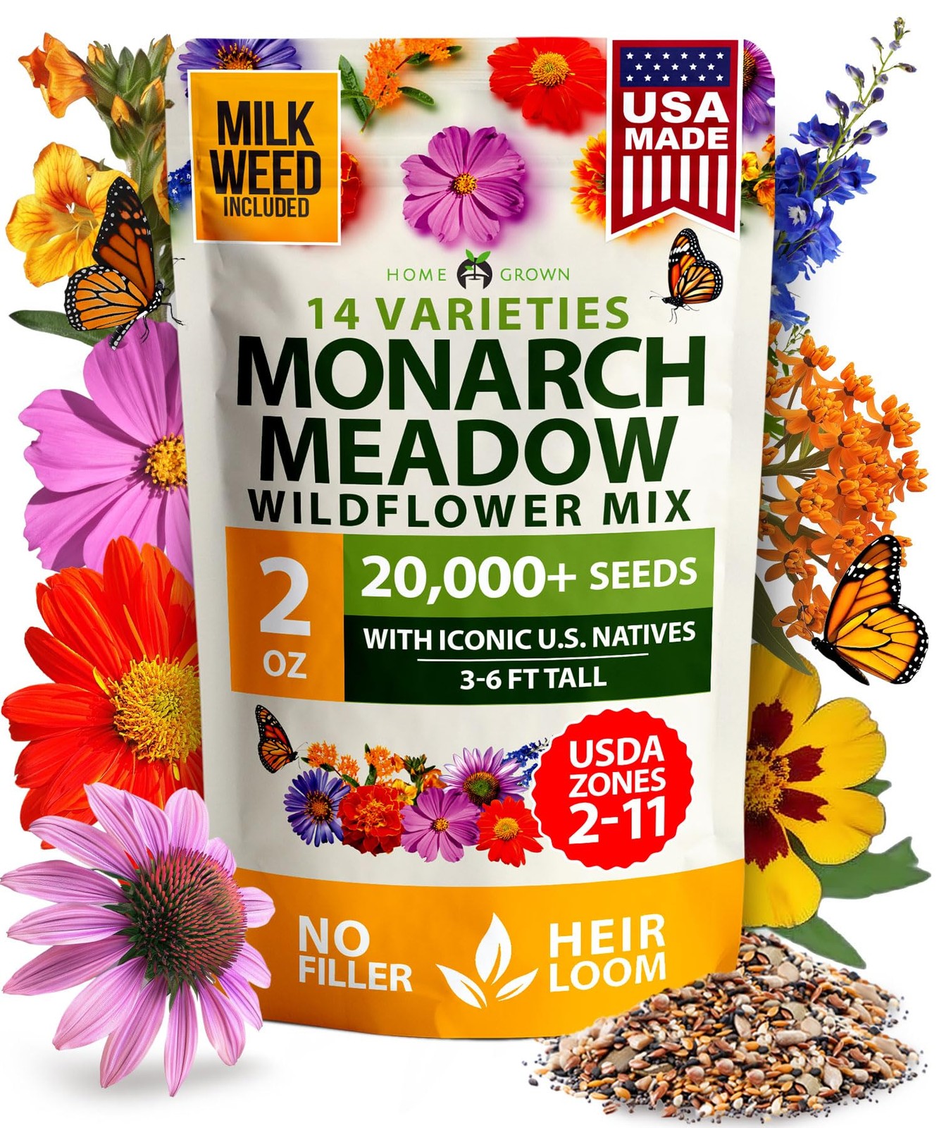 Premium Monarch Butterfly Wildflower Seeds Mix (2oz) – 20000+ Non-GMO Milkwee…