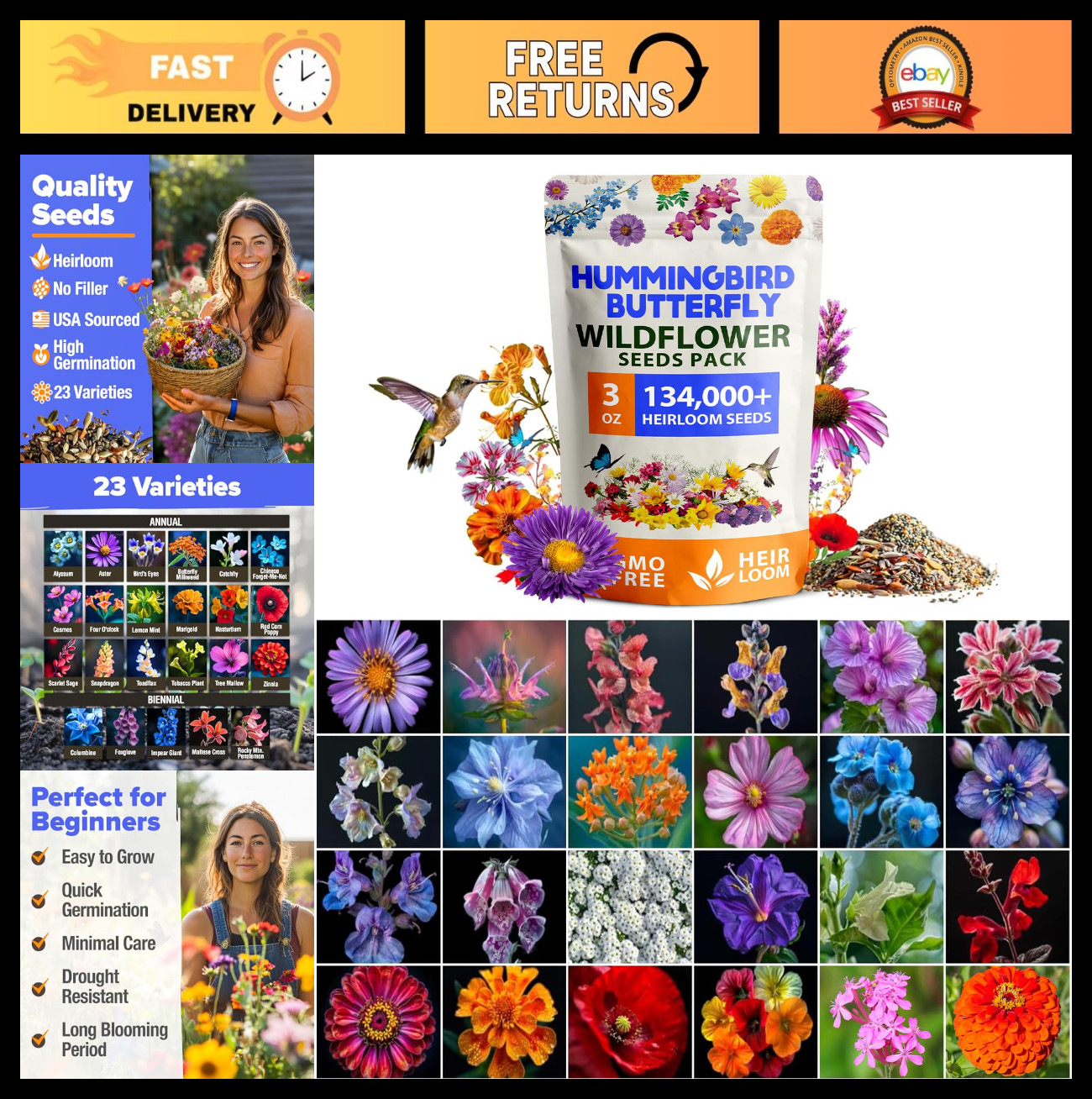 Premium Wildflower Seeds Bulk – 134K Non-GMO Native Seeds for Butterfly Garden,