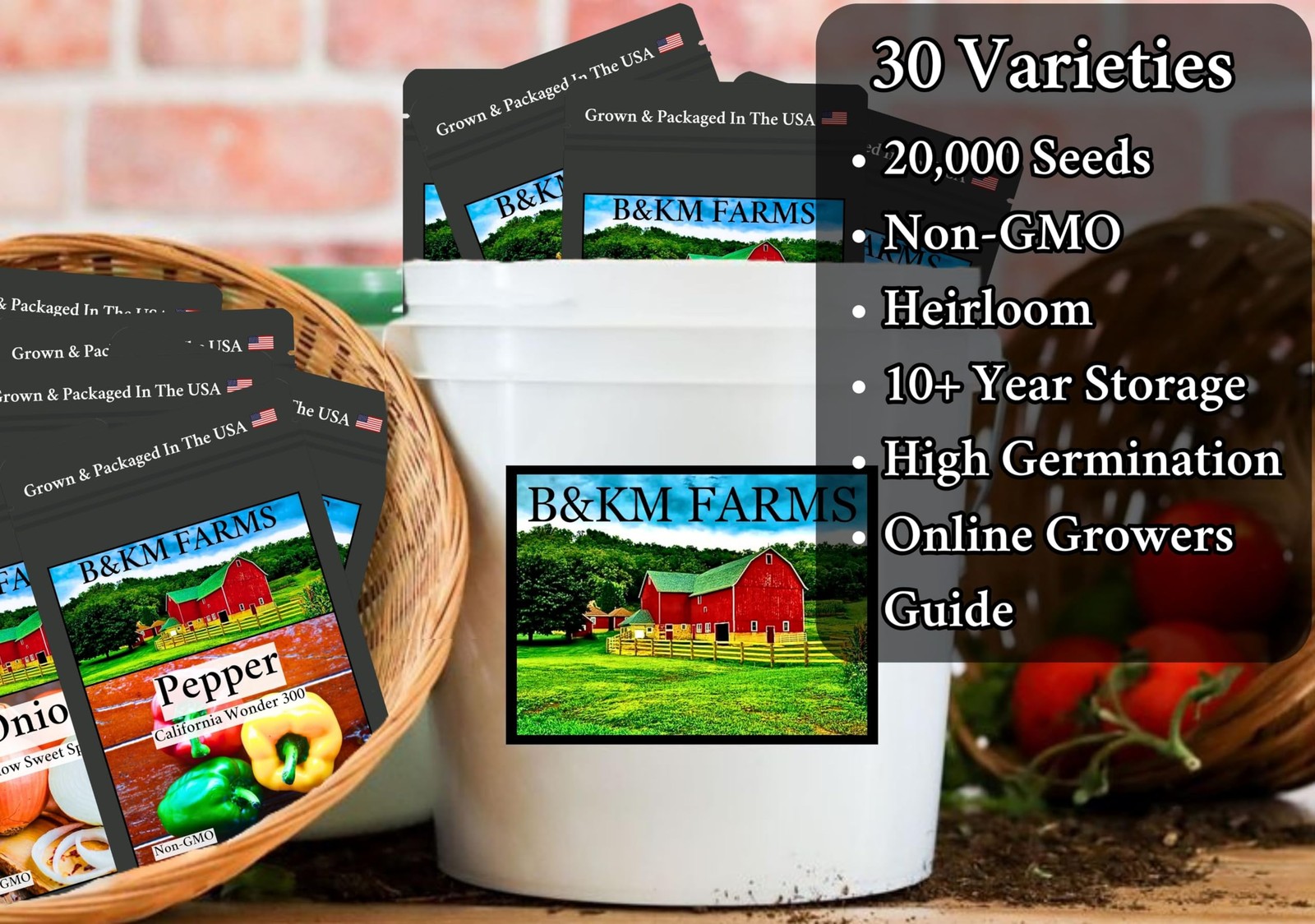 B&KM Farms 20,000+ Survival Seed Kit 5+ Year Supply. 30 Fruit & Vegetable Non…