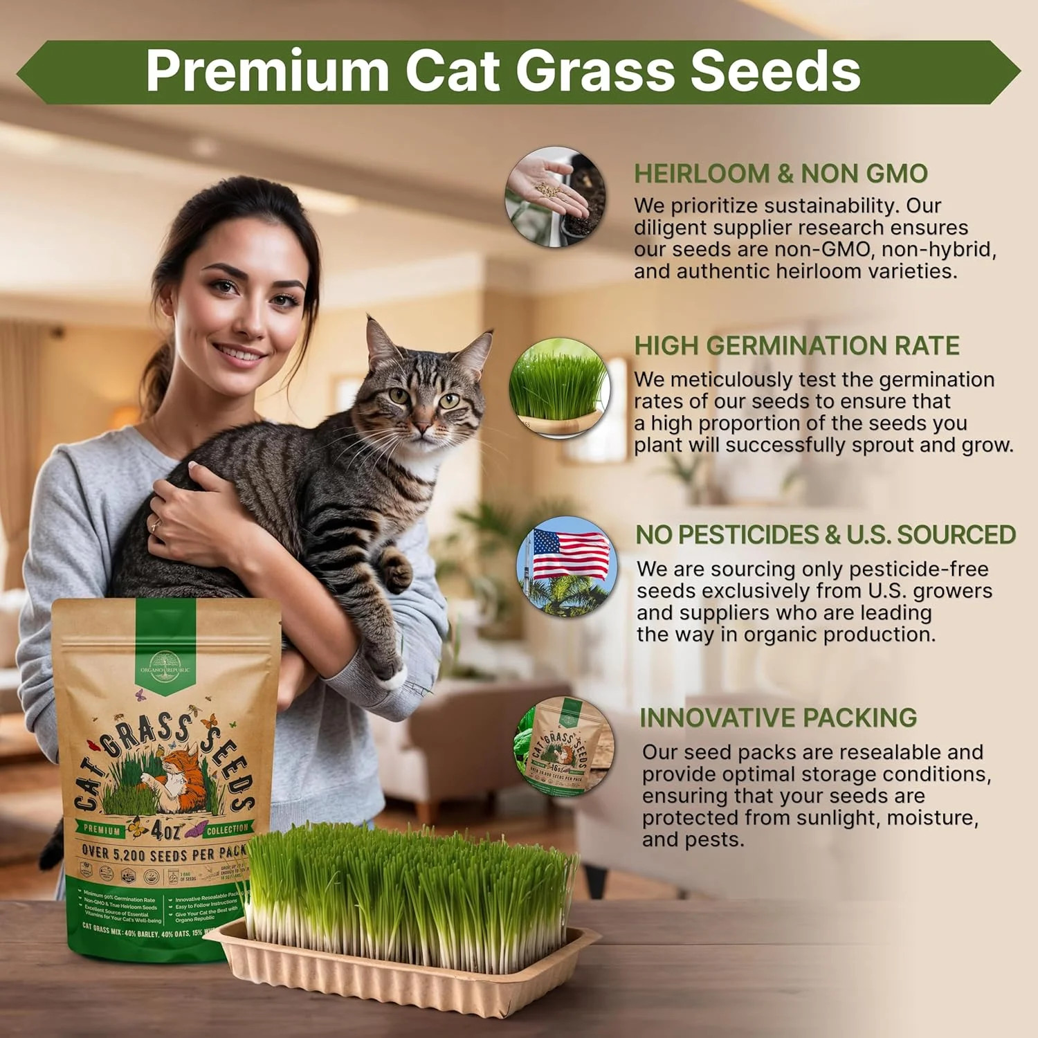 Cat Grass Seeds Mix – 5,200 Non-GMO Heirloom Seeds for Cats & Pets, 4 oz Pack fo