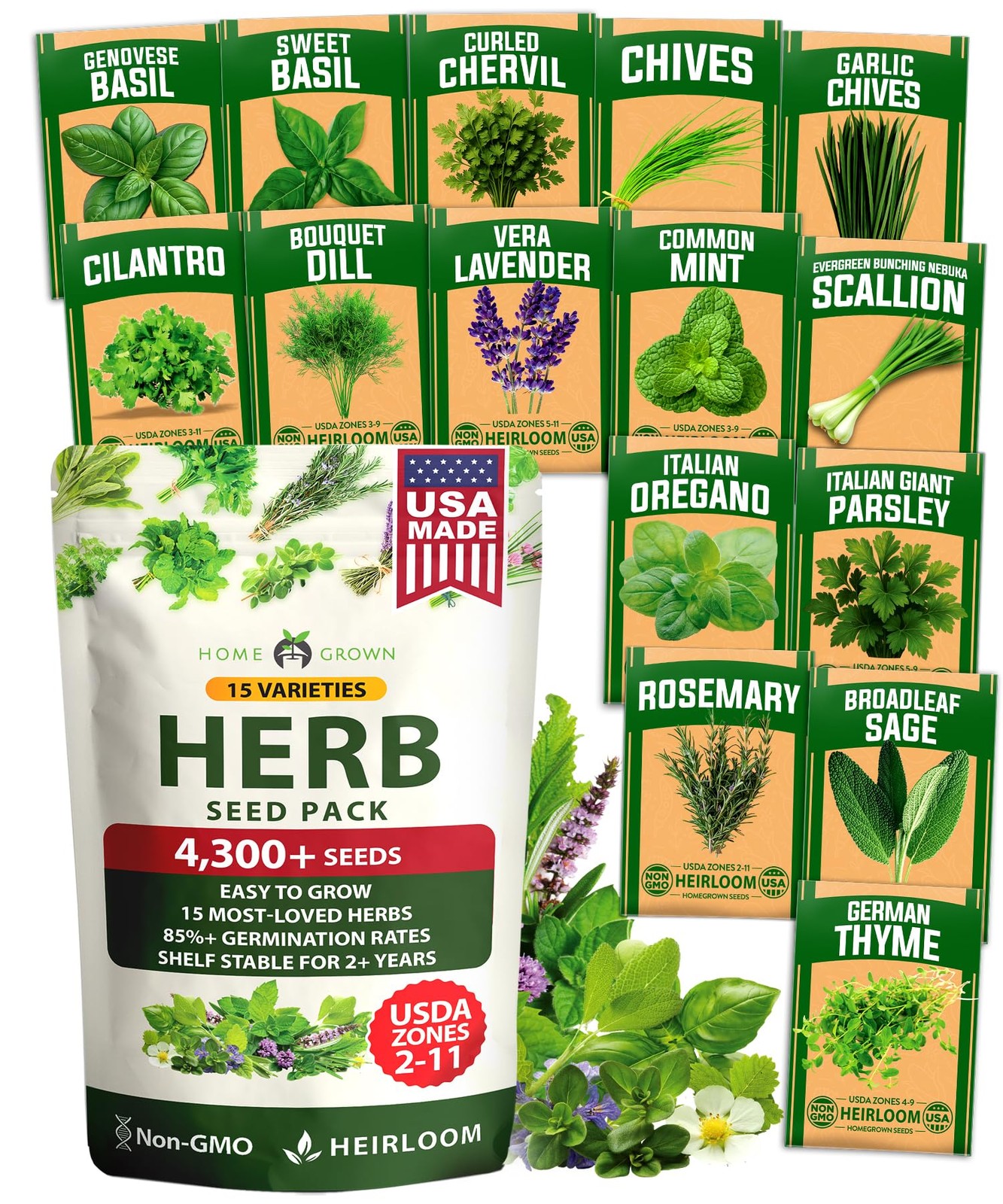 HOME GROWN Herb Seeds for Planting 15-Pack Massive Seed Count 4,300+ Seeds Non-G