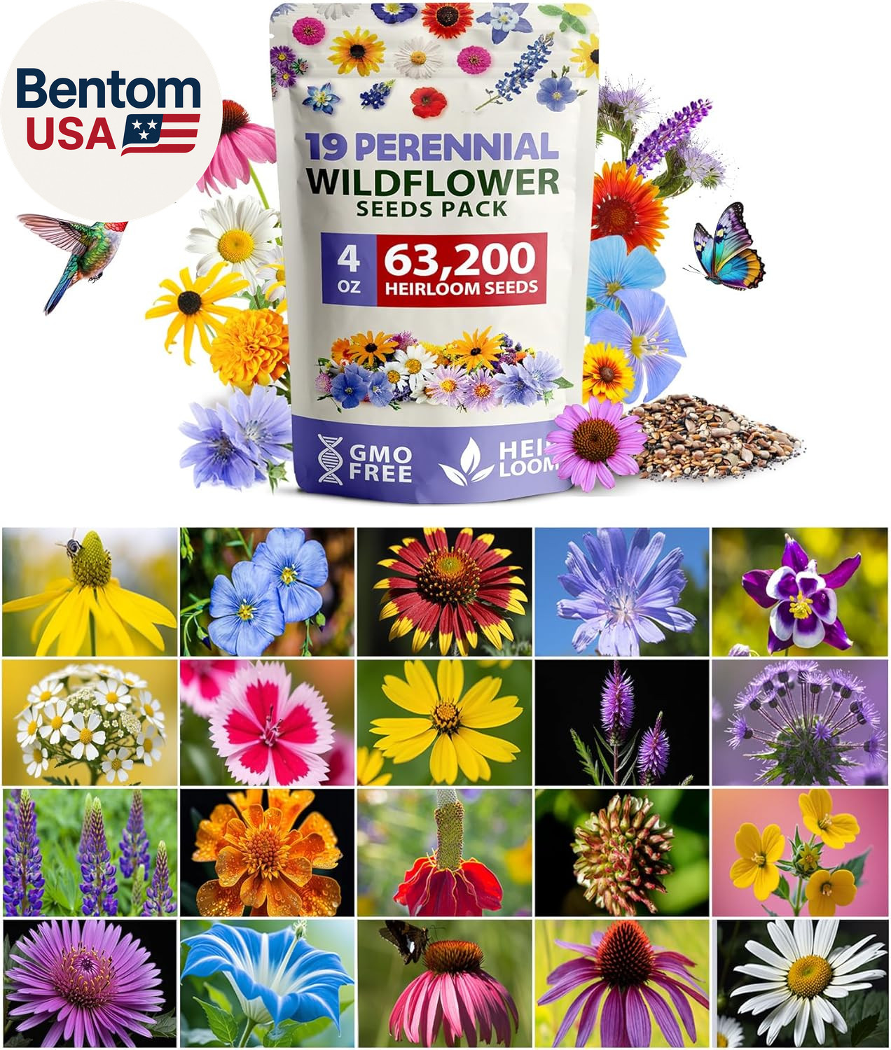 Wildflower Seeds Bulk 4 Oz 63,200+ Seeds 19 Varieties Non-Gmo Perennial Mix, But