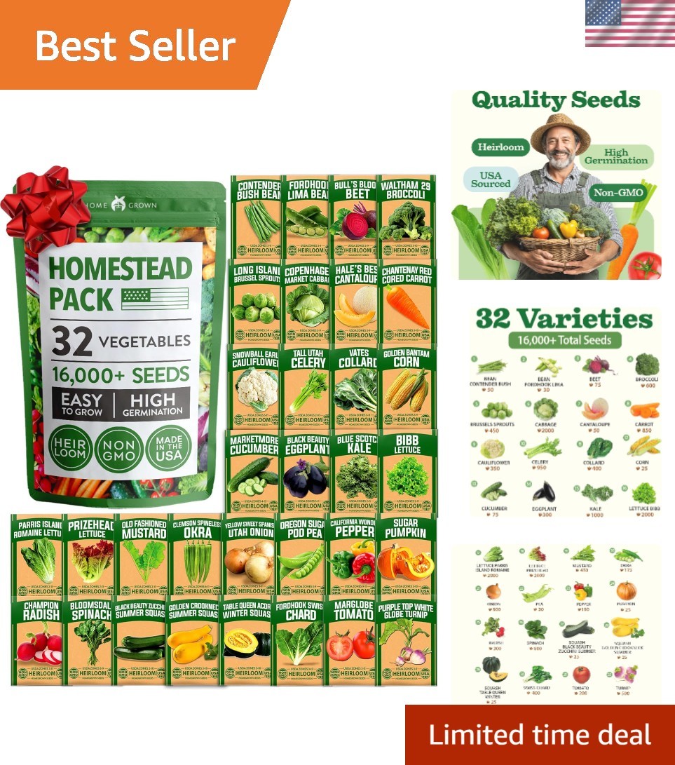 32 Heirloom Vegetable and Fruit Seeds – 16,000+ Non-GMO Seeds for Your Garden