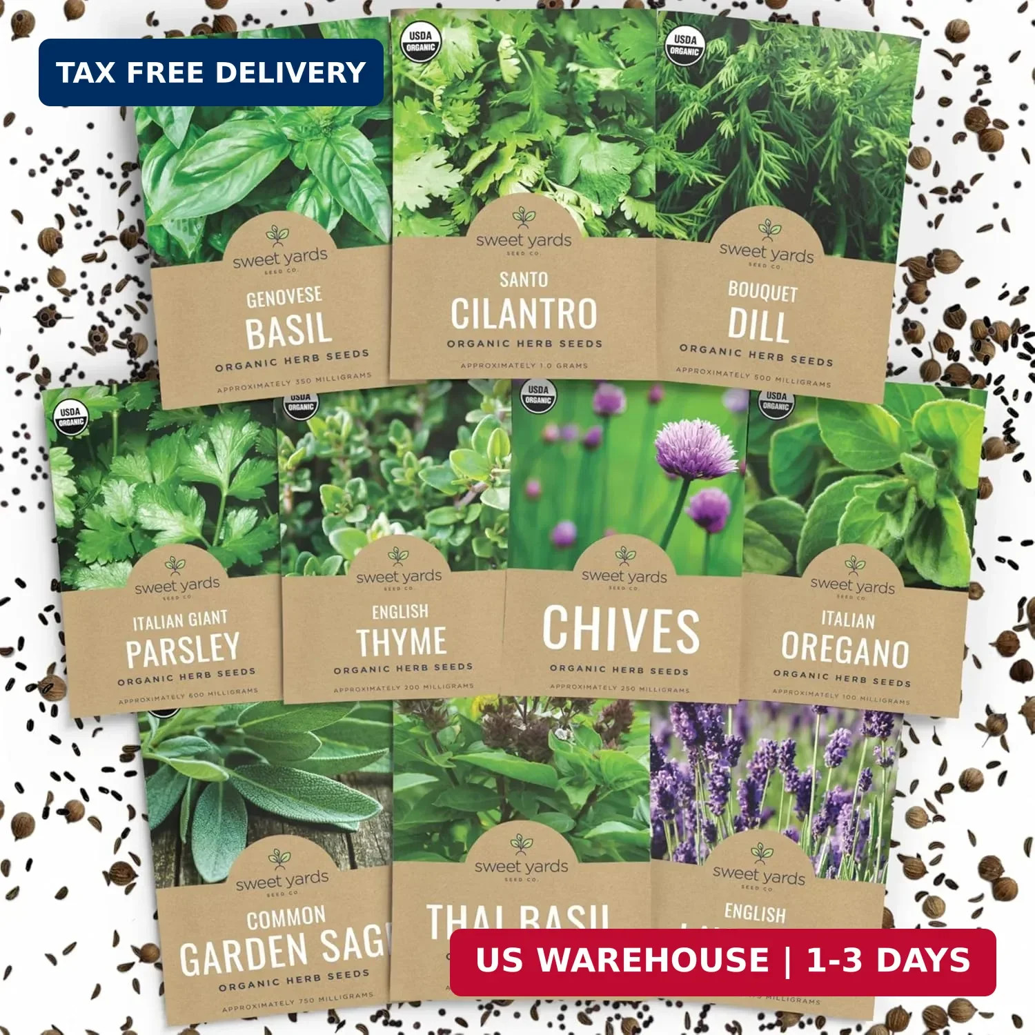 Organic Herb Seeds Variety Pack – 10 Individual Packs – 2026 Season – Basil, Cil