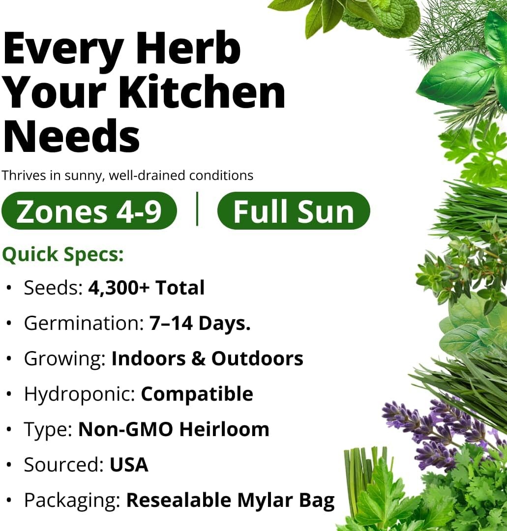 HOME GROWN Herb Seeds for Planting 15-Pack Massive Seed Count 4,300+ Seeds Non-G