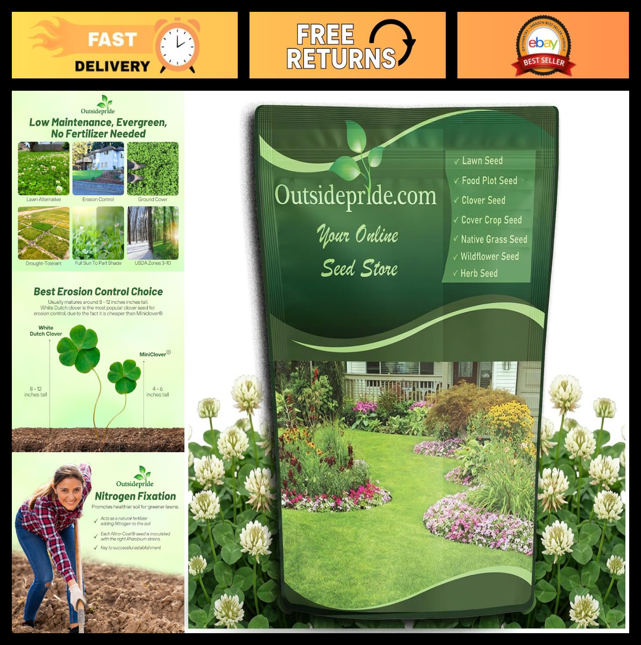 Perennial White Dutch Clover Seeds – 10 lbs, Nitrocoated, Inoculated for Lawn, E