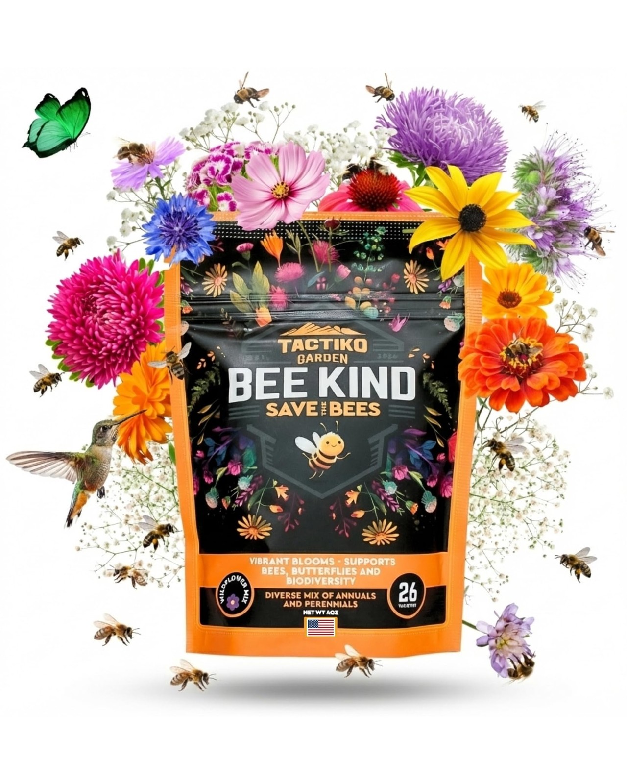 Tactiko Garden 26 Wildflower Seeds Mix, 120,000+ 4 oz Save the Bees Wildflowe…