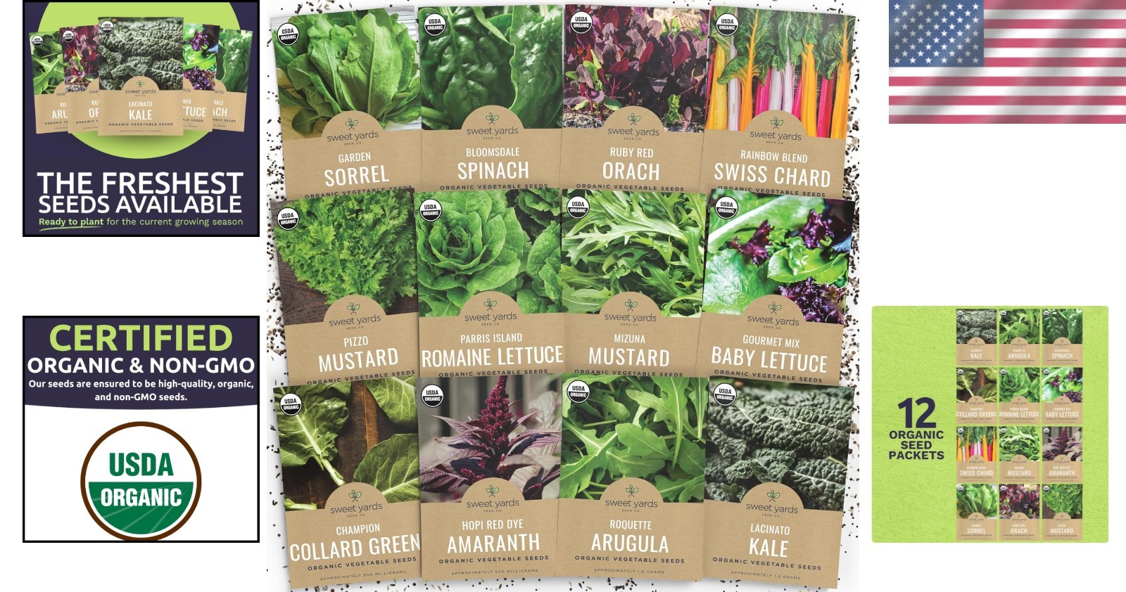 Organic Healthy Greens Seeds Variety Pack 12 Individual Planting Packs