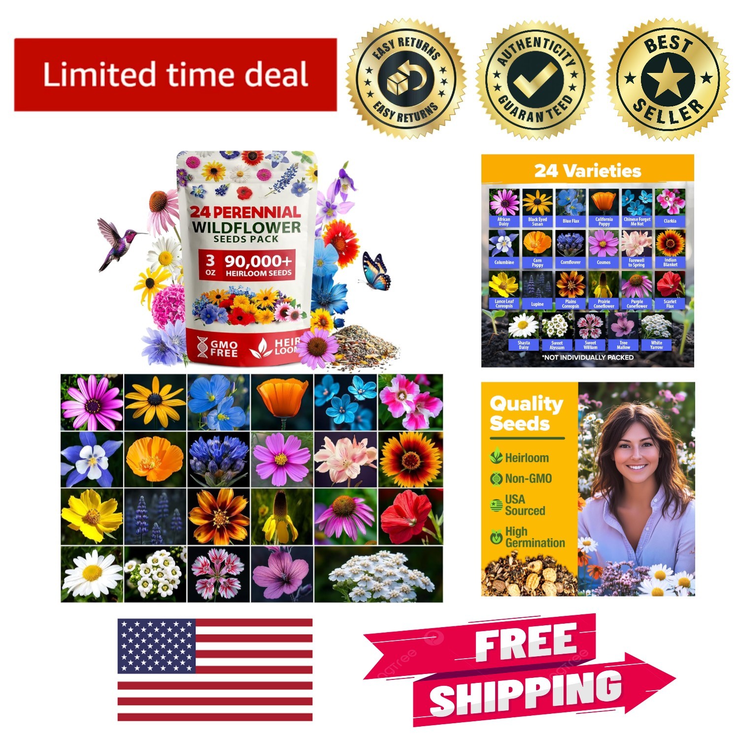 Heirloom Wildflower Seeds Mix – 90,000+ Seeds for Attracting Pollinators