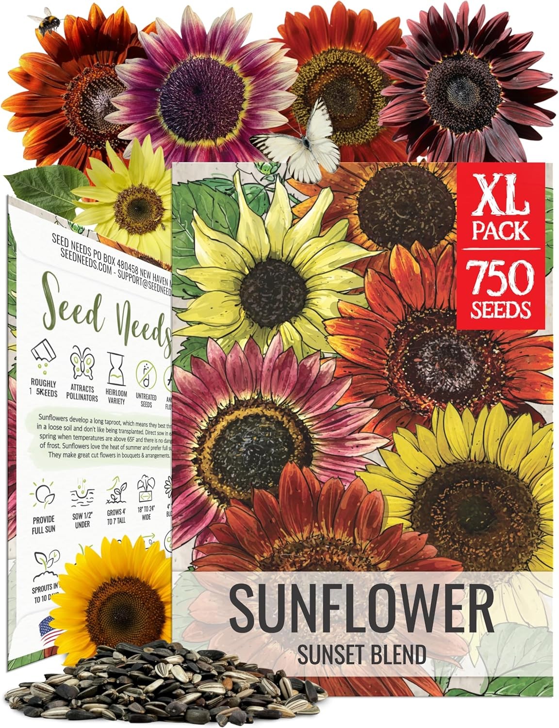 Sunflower Seeds to Plant – Sunset Blend 7 Varieties Mix, 750+ Seeds Heirloom