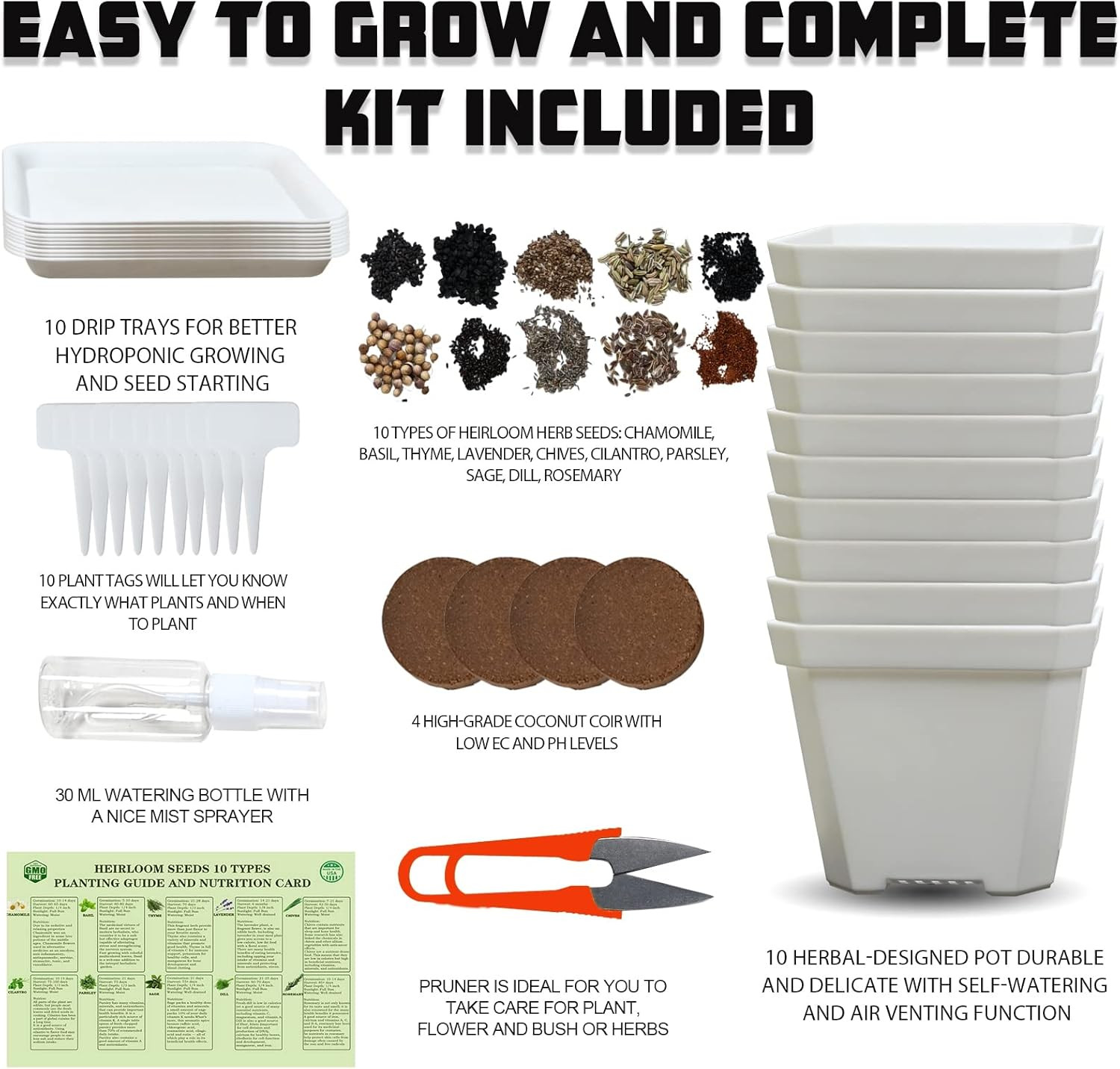 10 Herb Seeds Garden Starter Kit with Pots, Markers, Soil, and Watering Tools