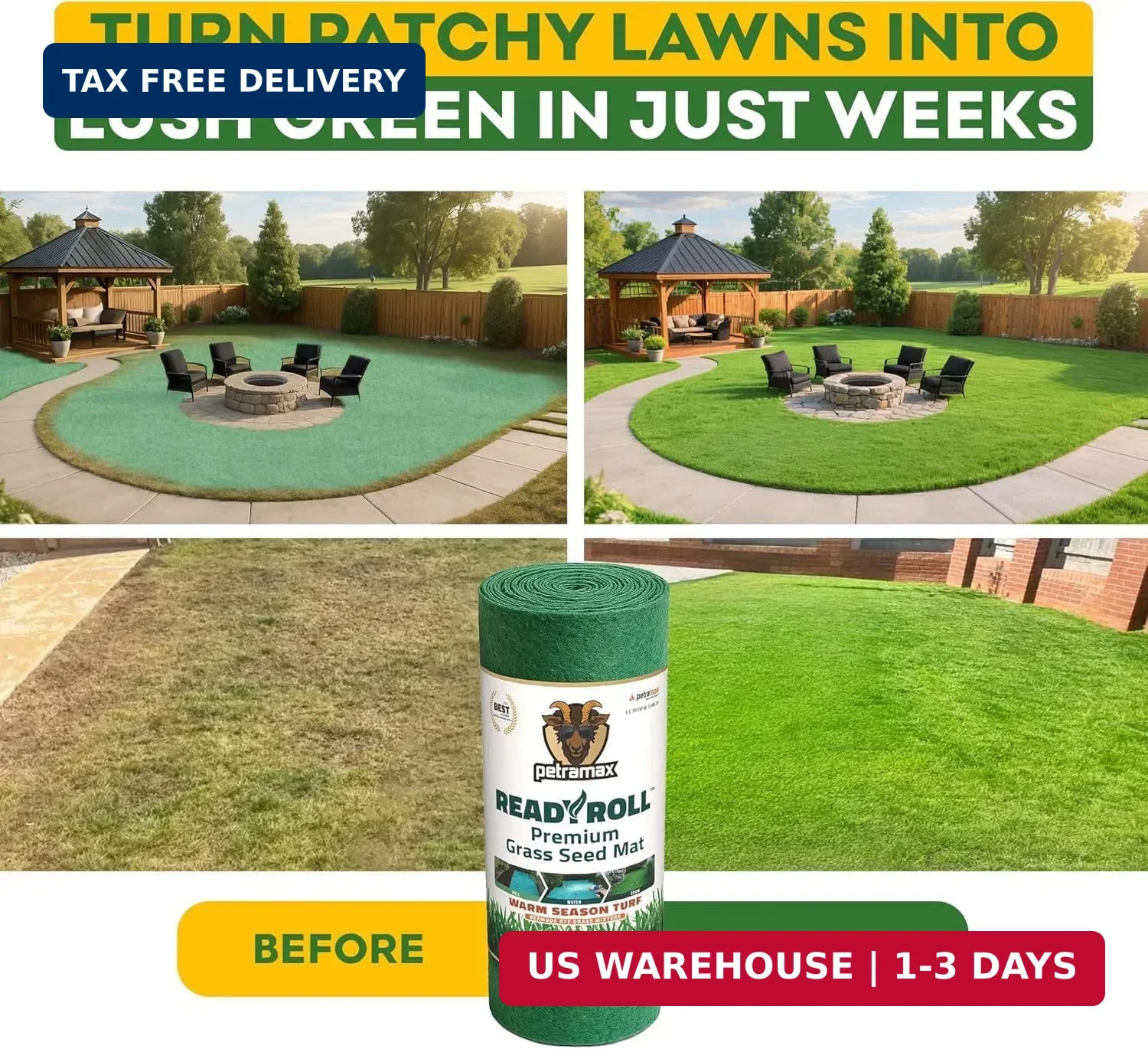 Petramax ReadyRoll Biodegradable Bermuda Grass Seed Mat for Southern Lawn 54 Sq
