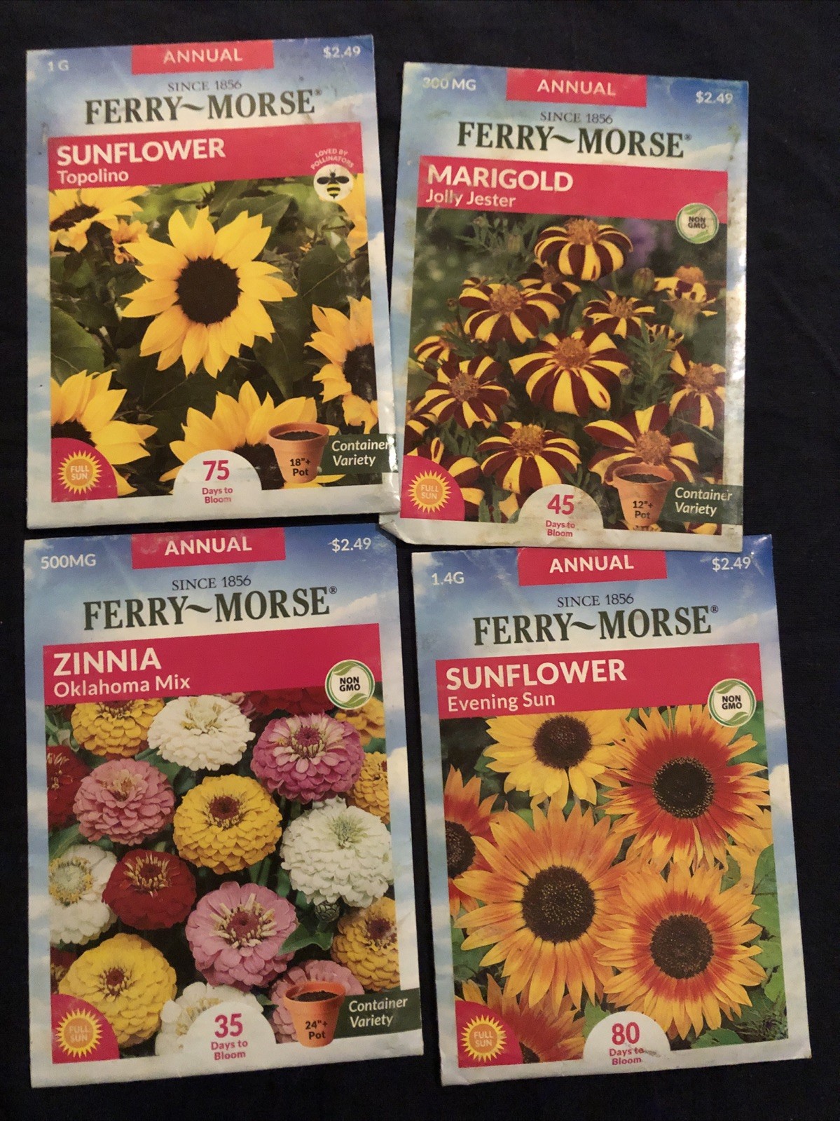 4 sets FERRY-MORSE Flower seeds – zinnia, Marigold, 2 sunflower￼ – 2026 Garden