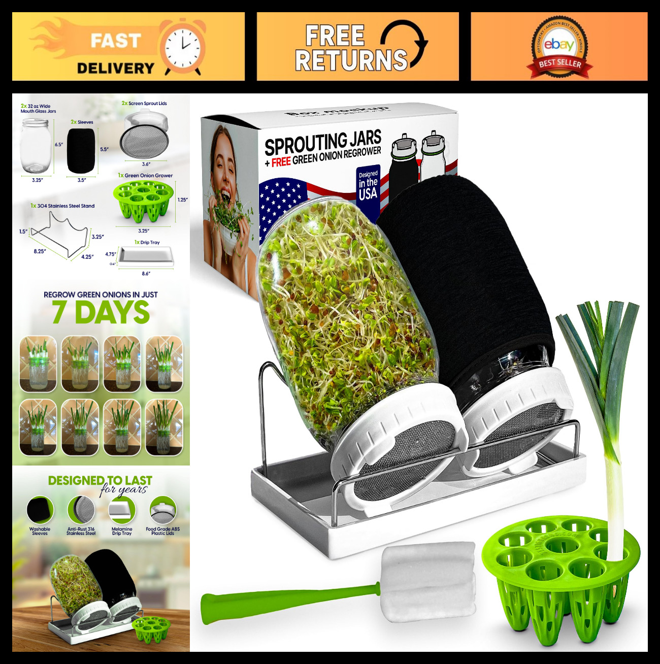 Seed Sprouting Kit & Green Onion Regrower – 2 Wide-Mouth Jars, Stainless Stand,