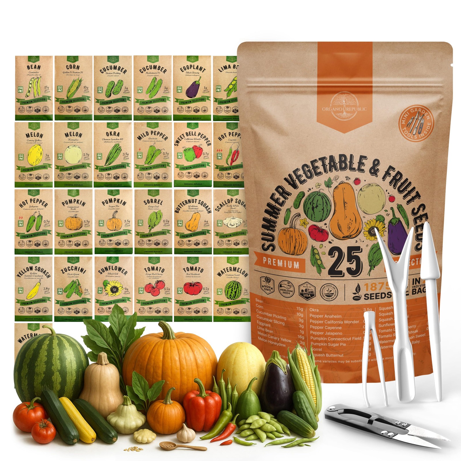 25 Summer Vegetable & Fruit Seeds Variety Pack – 1,870+ Non-GMO Heirloom Vegg…