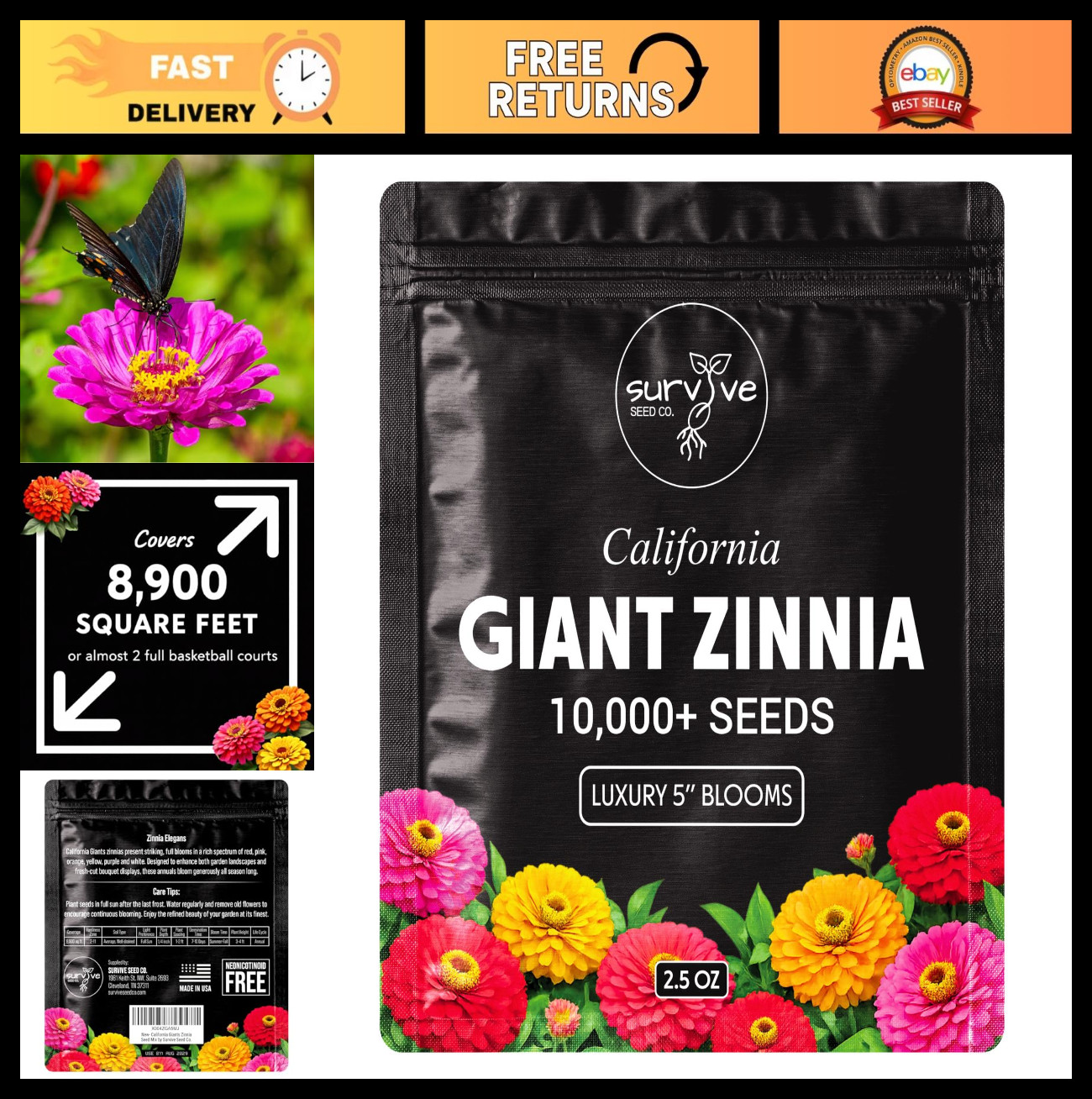 10,000 Non-GMO Zinnia Seeds – California Giants Wildflower Seeds for Bright Bloo