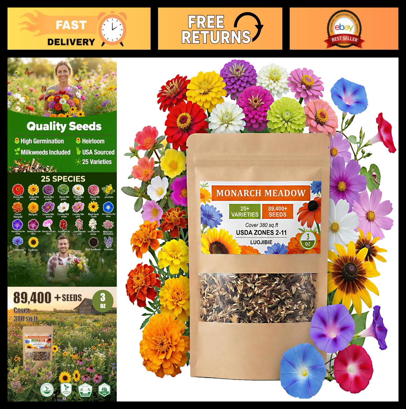 Wildflower Seed Mix 3oz – 89,400+ Non-GMO Seeds for Monarchs – 25+ Varieties Ann