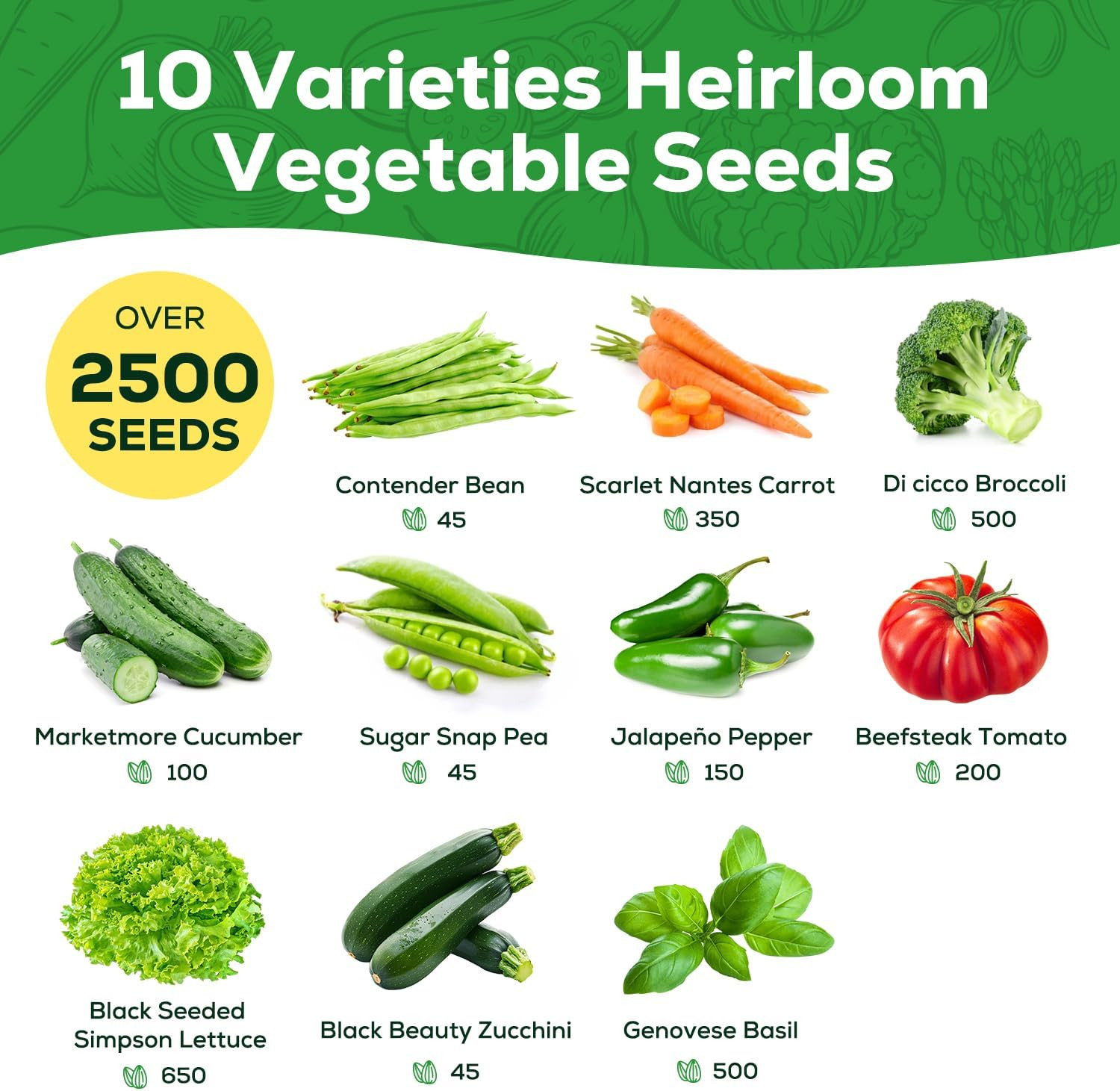 10 Vegetable Seeds Pack – Non GMO, Heirloom – Basil, Snap Pea, Broccoli, Bean, J