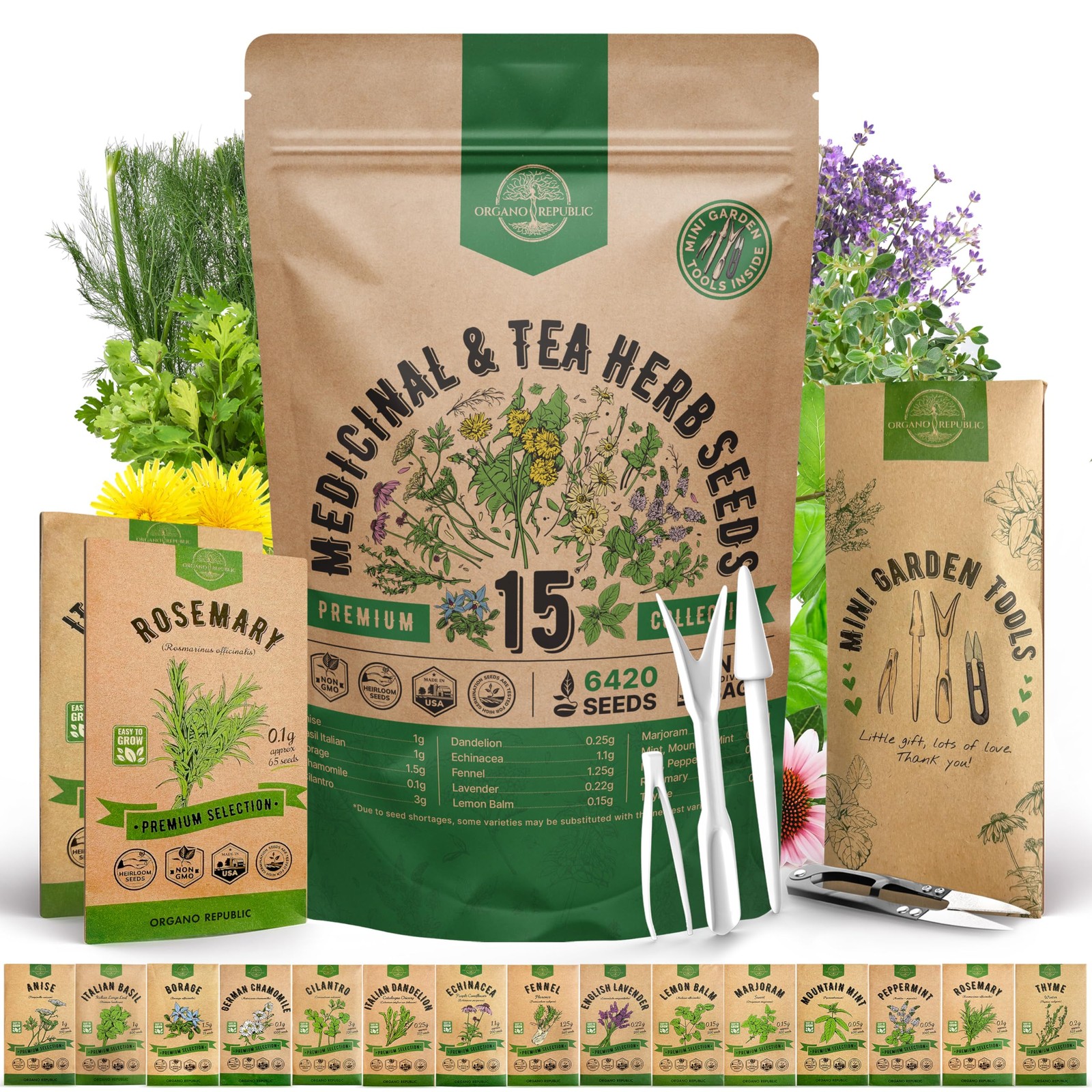Organo Republic 15 Medicinal & Tea Herb Seeds Variety Pack 6,420+ NonGMO Heir…