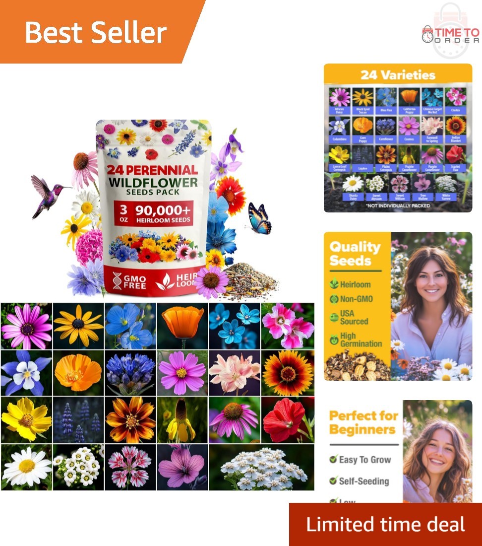 Wildflower Seeds Mix 3oz 24 Varieties Non-GMO Perennial Flowers for Pollinators
