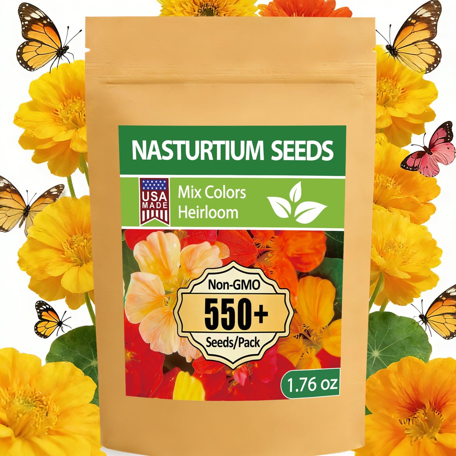 Mixed Color Nasturtium Seeds – 550+ Large Bloom Non-GMO Bulk Pack for Indoor/Out