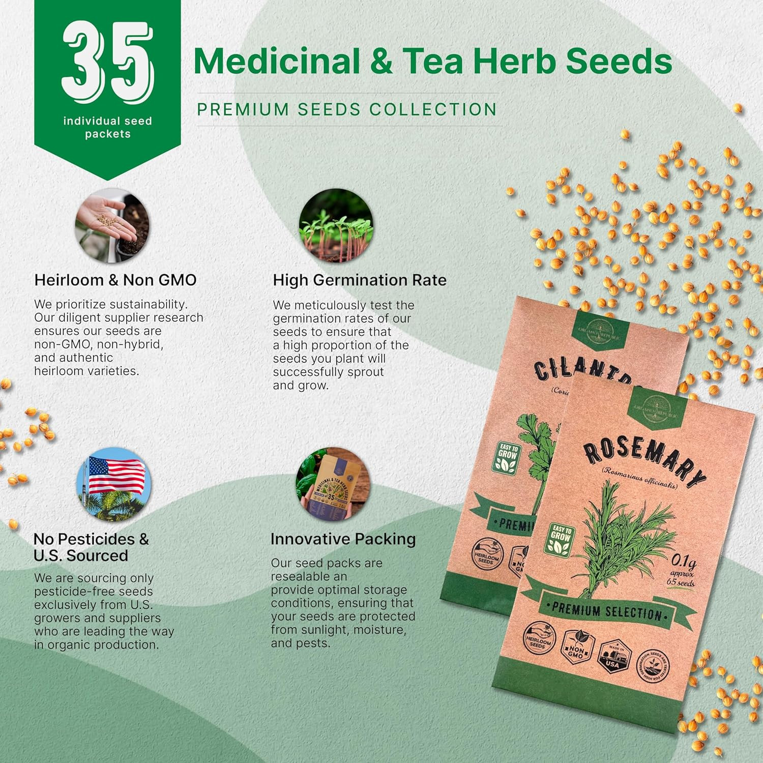 35 Medicinal & Tea Herb Seeds Variety Pack for Indoor & Outdoors. 16,335+ Non-Gm