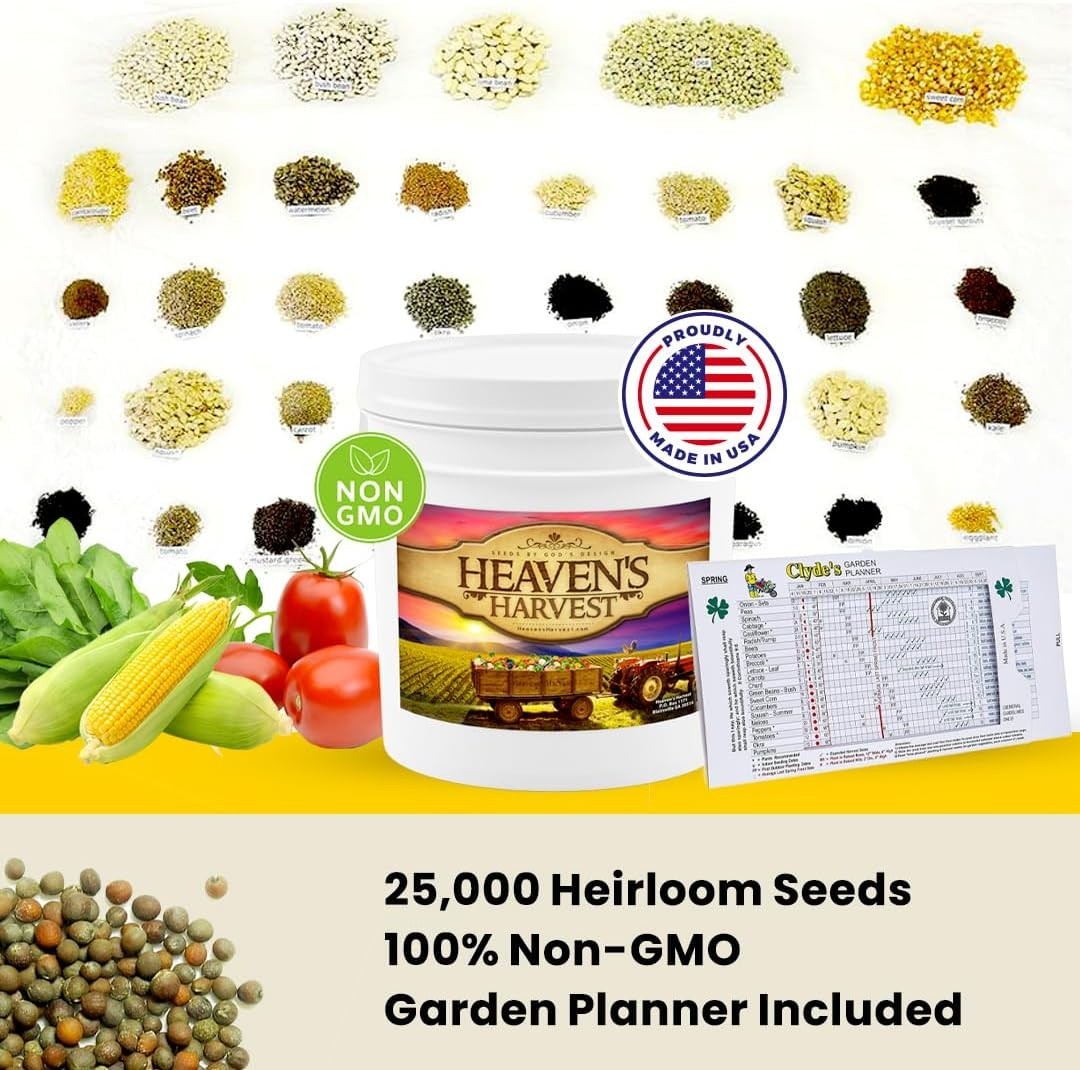 Heaven’s Harvest 10- Survival Seed Bank Kit – 25K+ Heirloom Vegetable Seeds