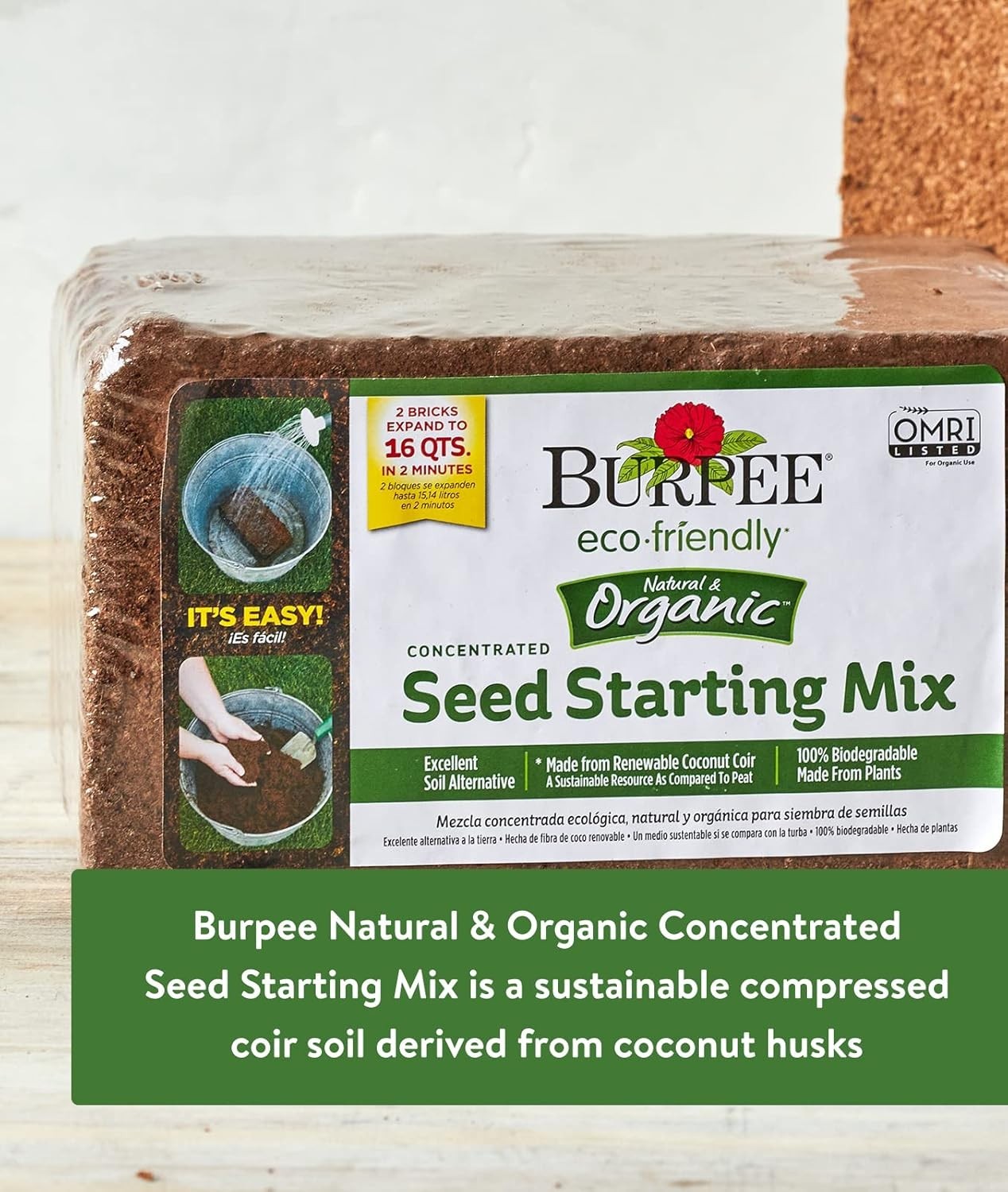 Organic Coconut Coir Seed Starting Mix – 16 Quart Expansion Brick
