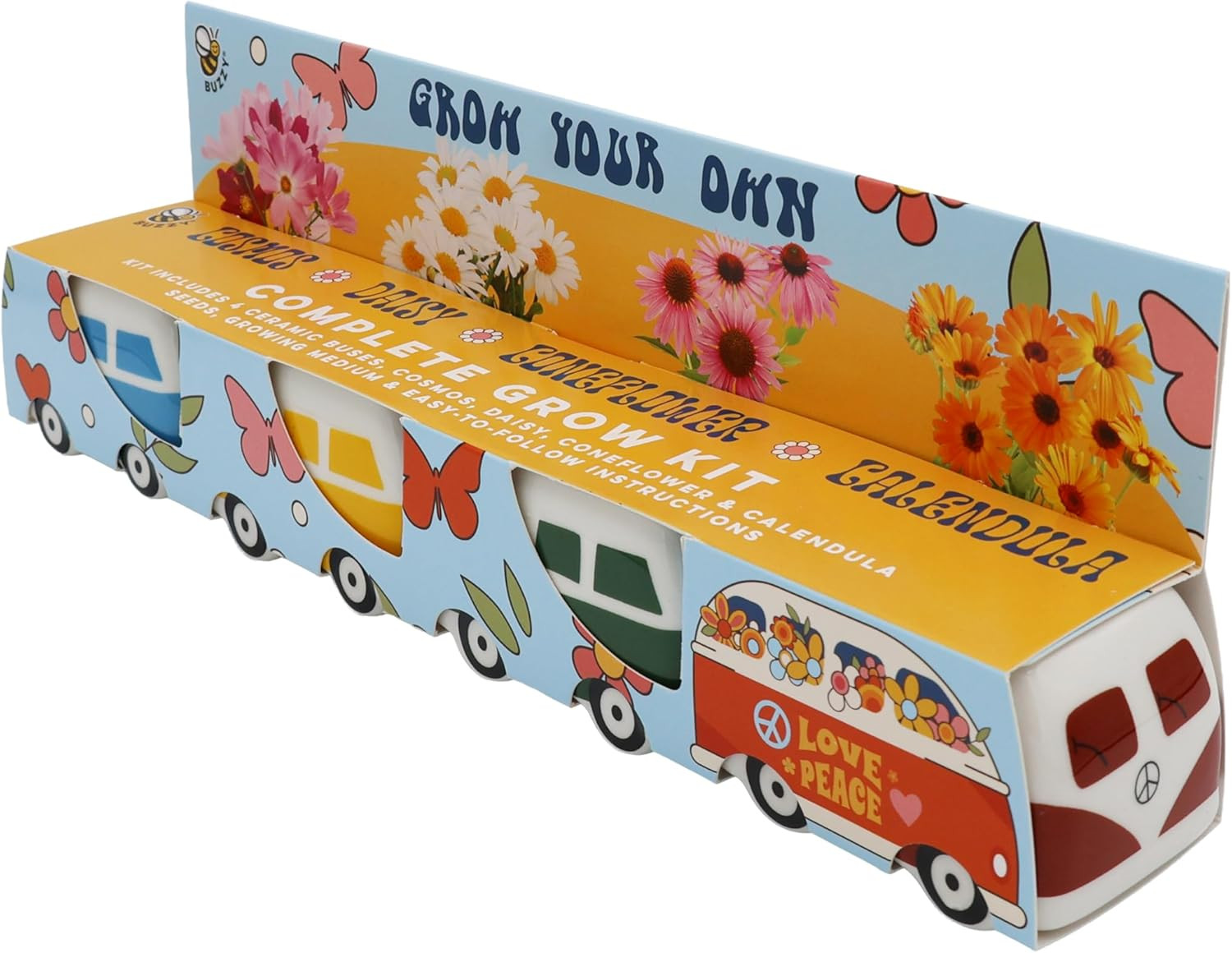 Seeds Mini Ceramic Flower Bus Grow Kit, 4-Pack – Colorful Retro Bus Planters wit